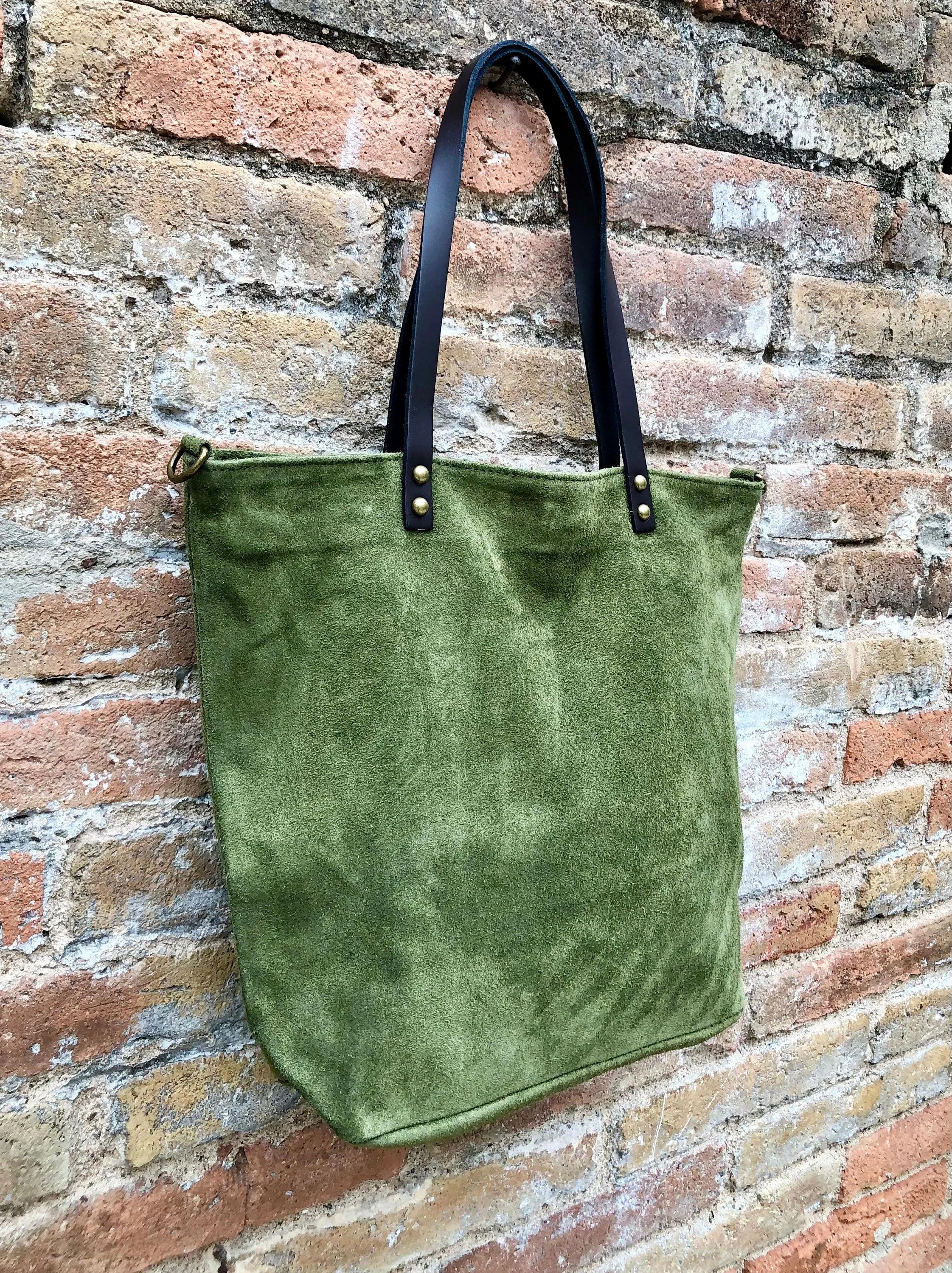 Large TOTE leather bag in moss green. Soft natural suede genuine leather bag. Lined GREEN suede purse. Shoulder   crossbody longer strap.