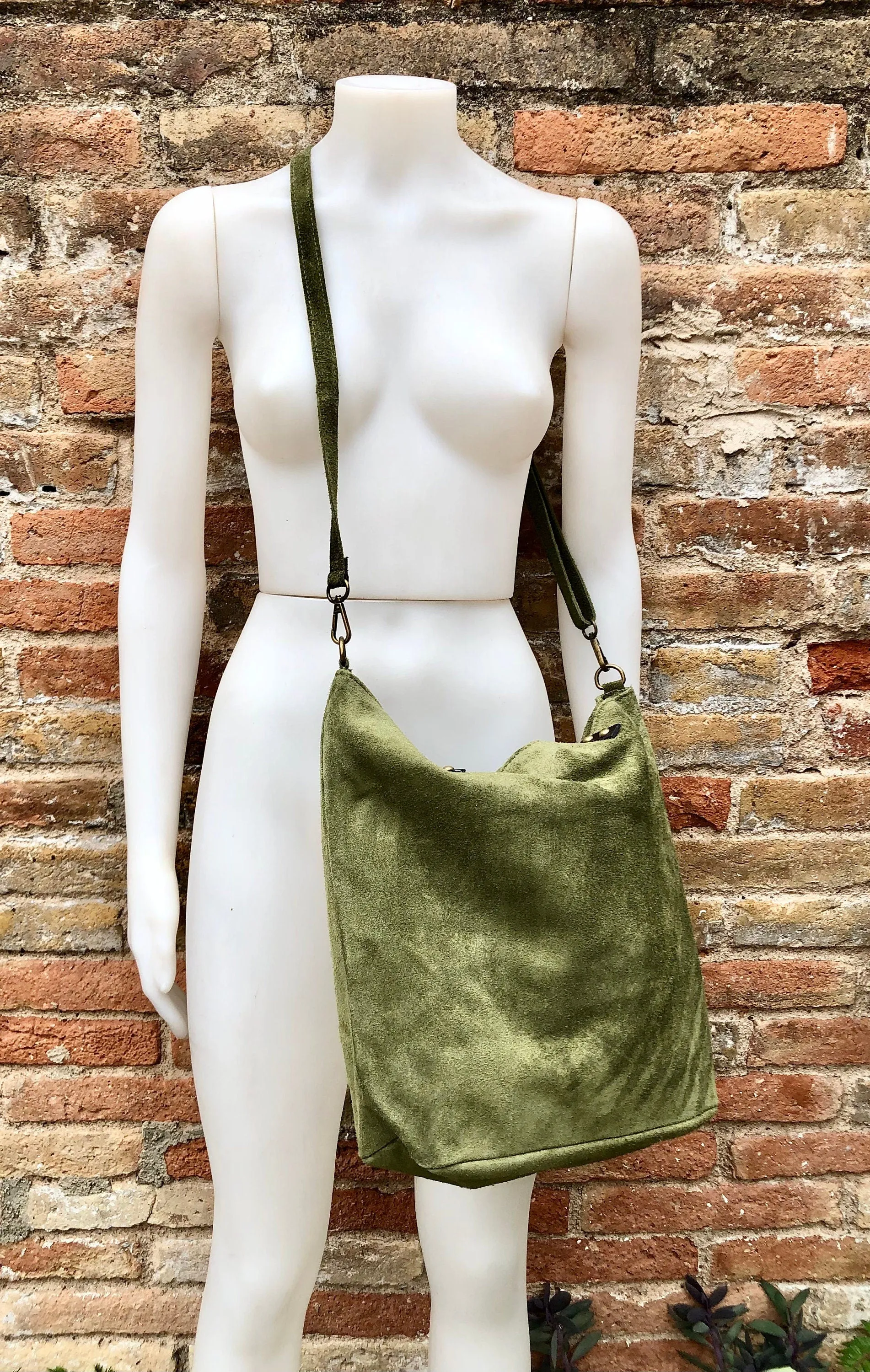 Large TOTE leather bag in moss green. Soft natural suede genuine leather bag. Lined GREEN suede purse. Shoulder   crossbody longer strap.