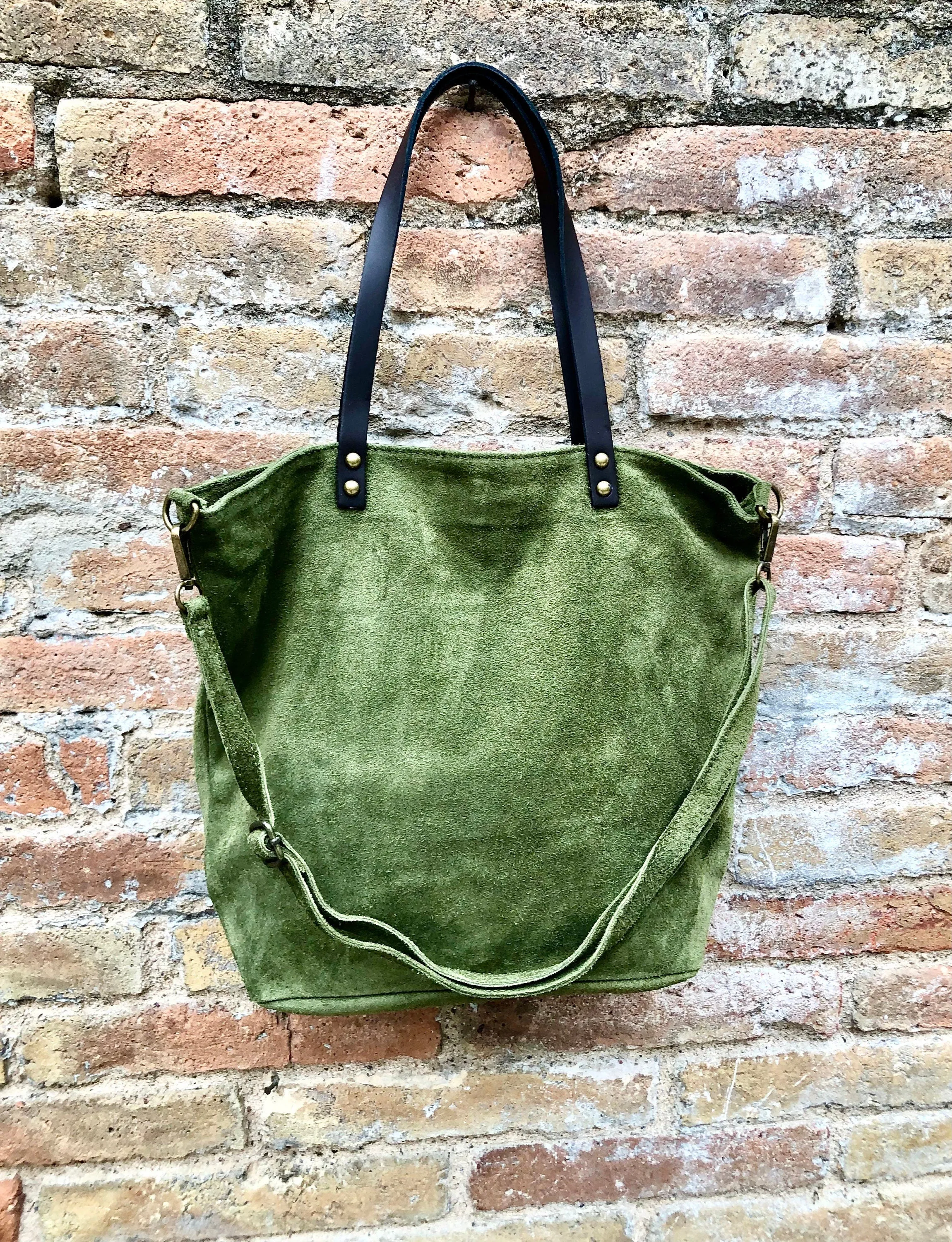 Large TOTE leather bag in moss green. Soft natural suede genuine leather bag. Lined GREEN suede purse. Shoulder   crossbody longer strap.