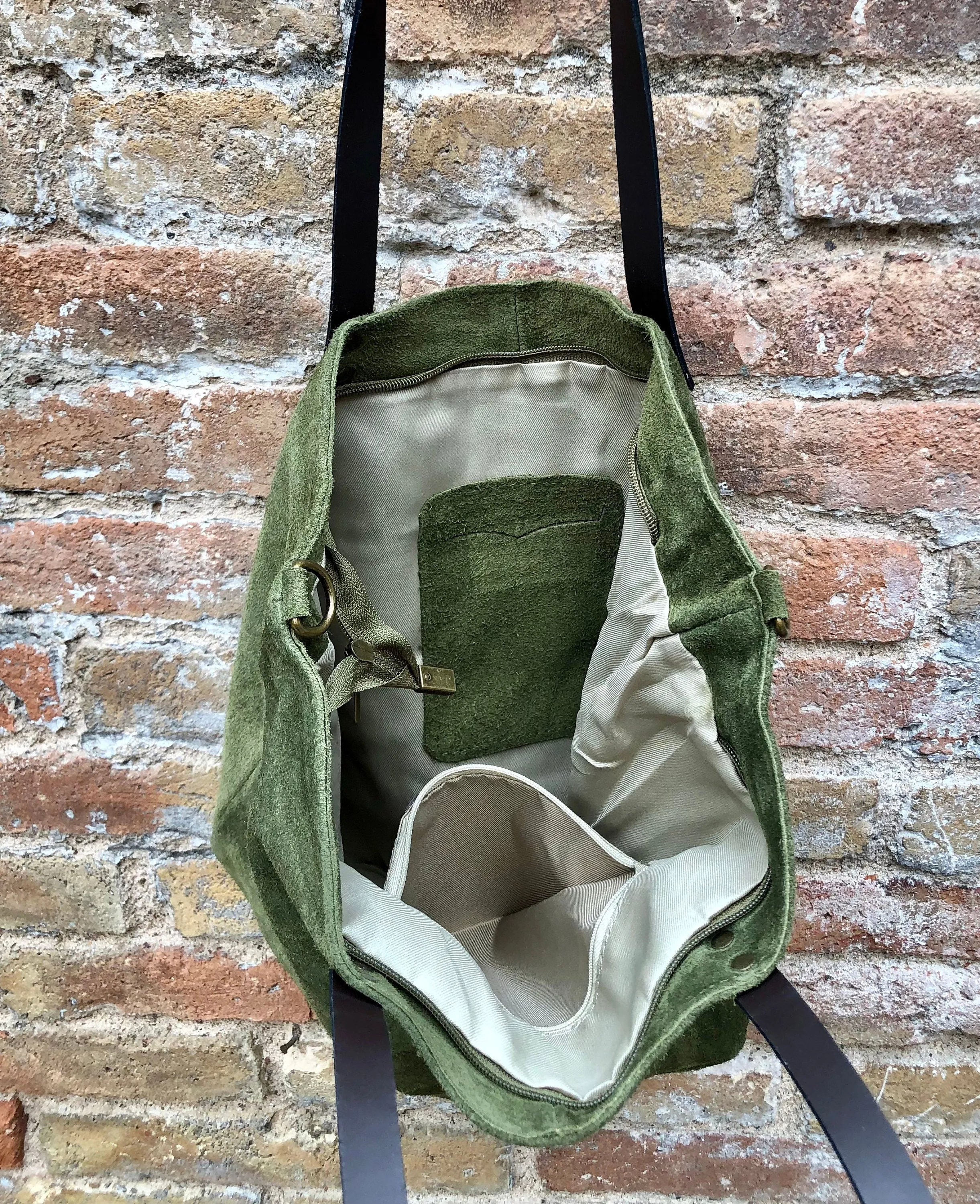 Large TOTE leather bag in moss green. Soft natural suede genuine leather bag. Lined GREEN suede purse. Shoulder   crossbody longer strap.