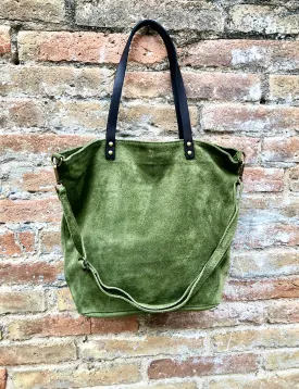 Large TOTE leather bag in moss green. Soft natural suede genuine leather bag. Lined GREEN suede purse. Shoulder   crossbody longer strap.