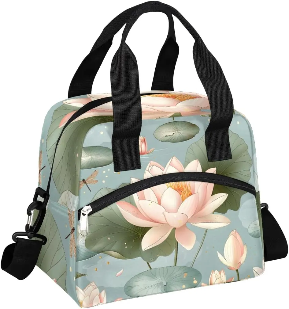 Lotus Lunch Bag Lotus Flowers Pond Lunch Bag Reusable Lunch Box Leak Proof Cooler Bag With Adjustable Shoulder Strap