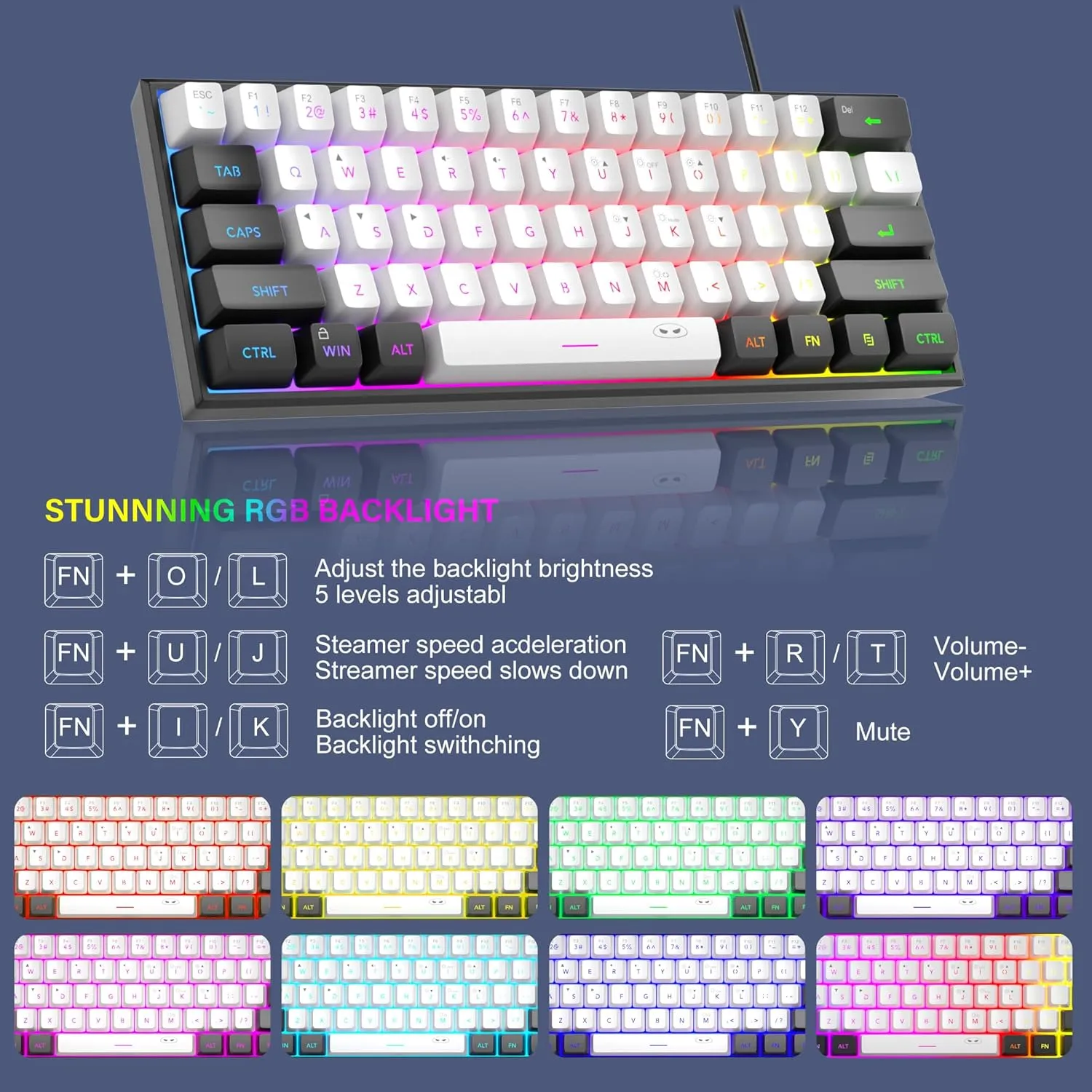 MageGee Mini 60% Gaming Keyboard, RGB Backlit 61 Key Ultra-Compact Keyboard, TS91 Ergonomic Waterproof Mechanical Feeling Office Computer Keyboard for PC, MAC, PS4, Xbox ONE Gamer(Black White)