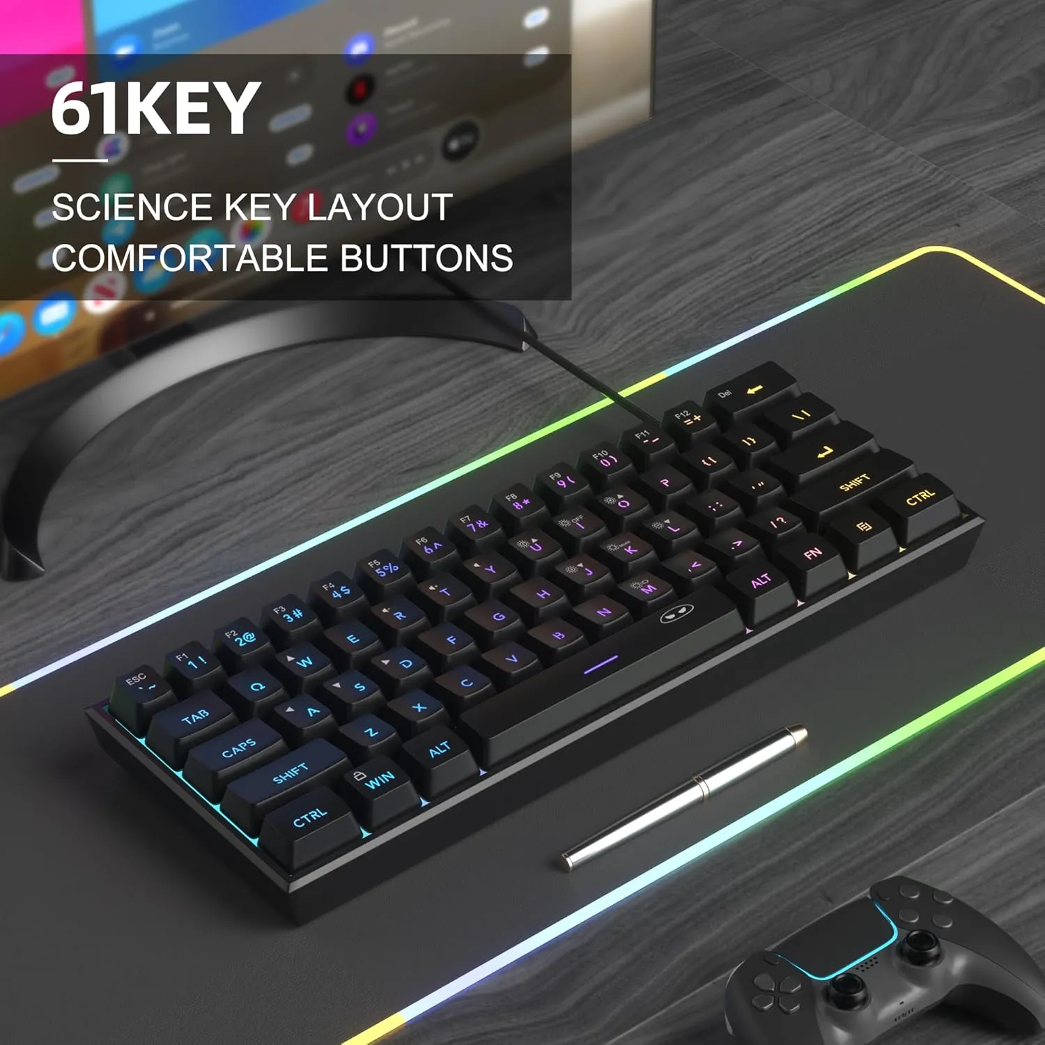 MageGee Mini 60% Gaming Keyboard, RGB Backlit 61 Key Ultra-Compact Keyboard, TS91 Ergonomic Waterproof Mechanical Feeling Office Computer Keyboard for PC, MAC, PS4, Xbox ONE Gamer(Black)
