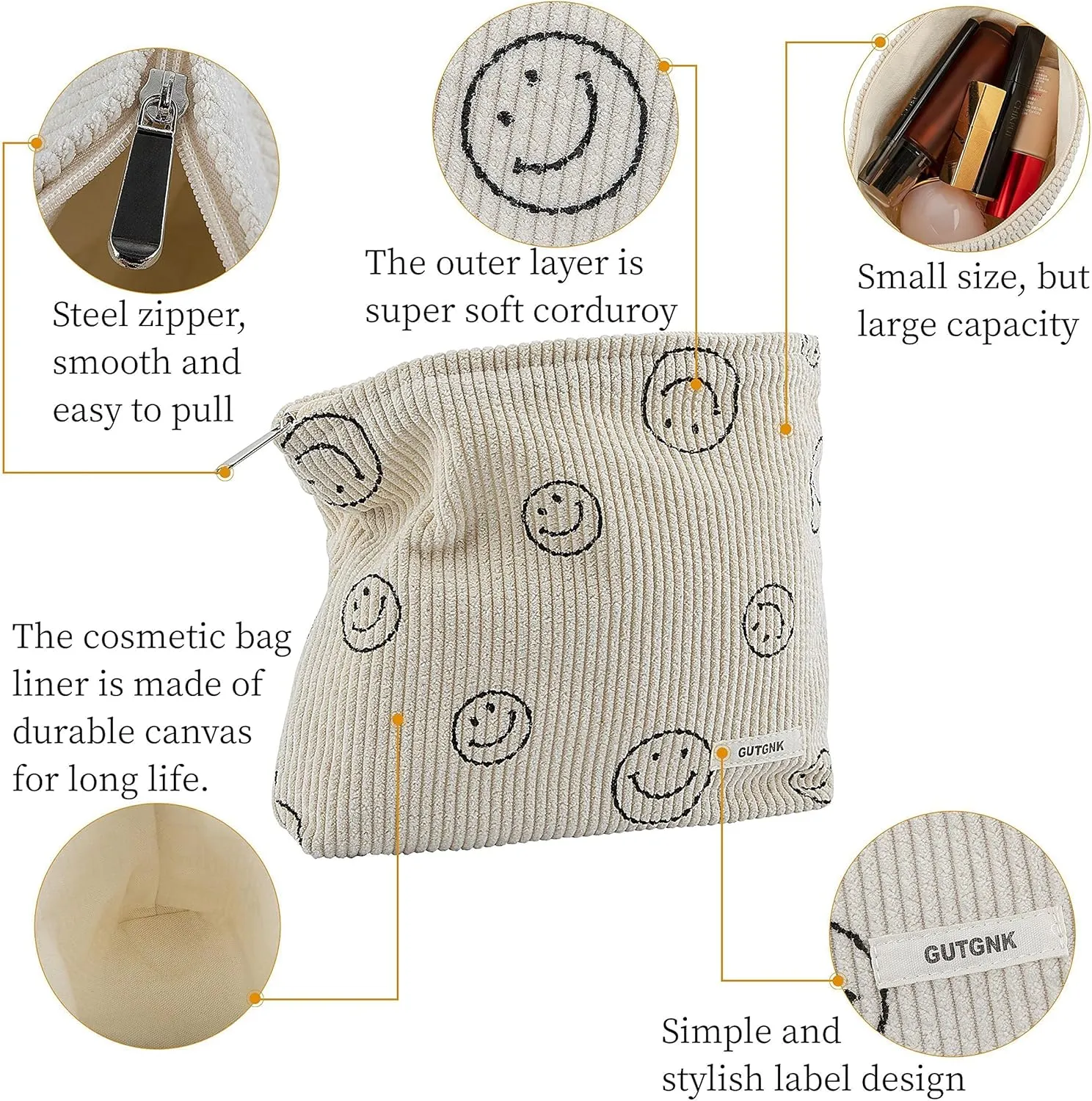 Makeup bag for Women, Corduroy Cosmetic Bag Aesthetic Design Ladies Tote Bag,Cute Smiley Face Makeup Organizer with Zipper - Gray