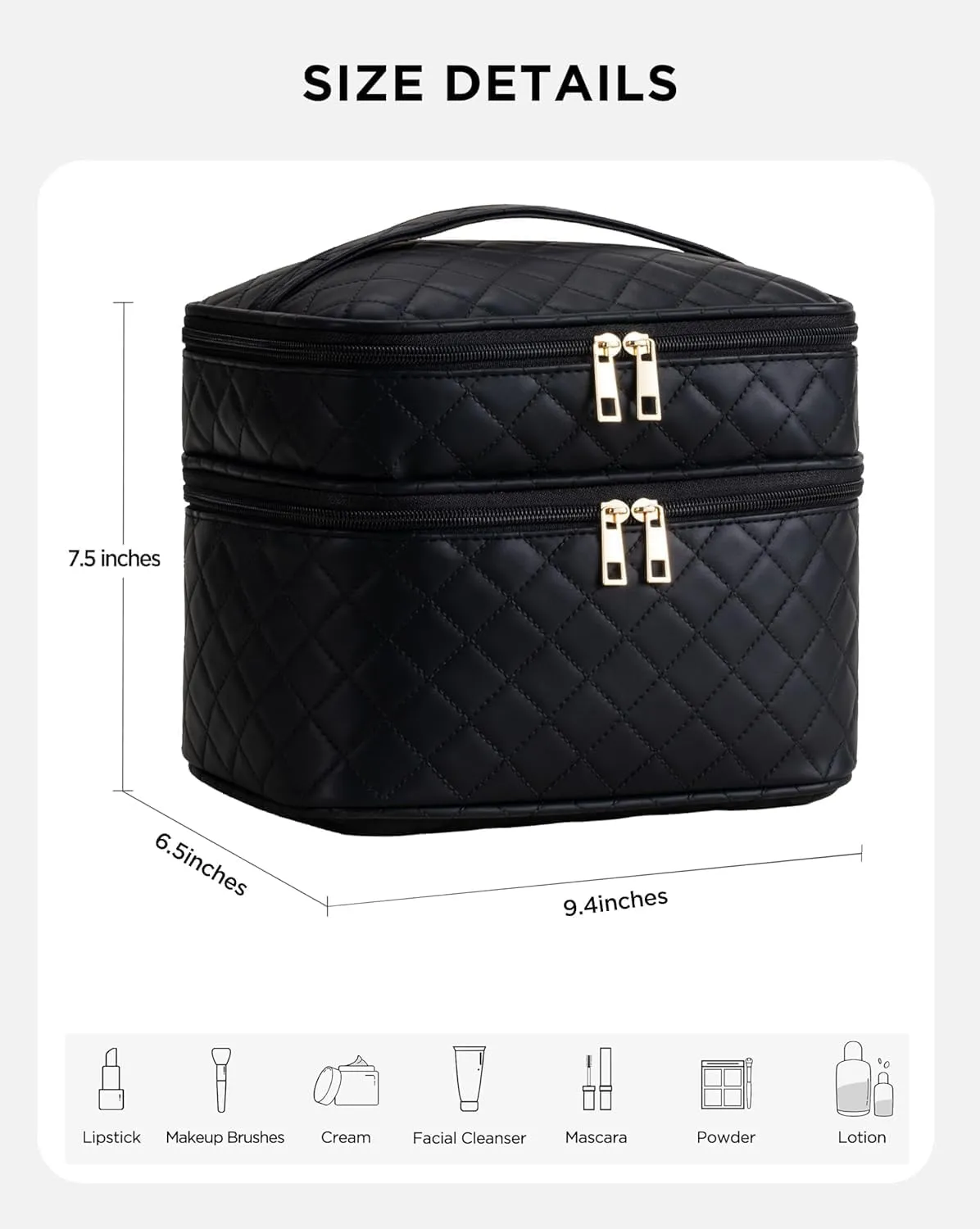 Makeup Bag for Women X-Large Travel Makeup Bag Organizer Portable Toiletry Bag Cute Makeup Bags Waterproof Leather Cosmetic Bag Makeup Case with Removable Dividers, Lattice Black
