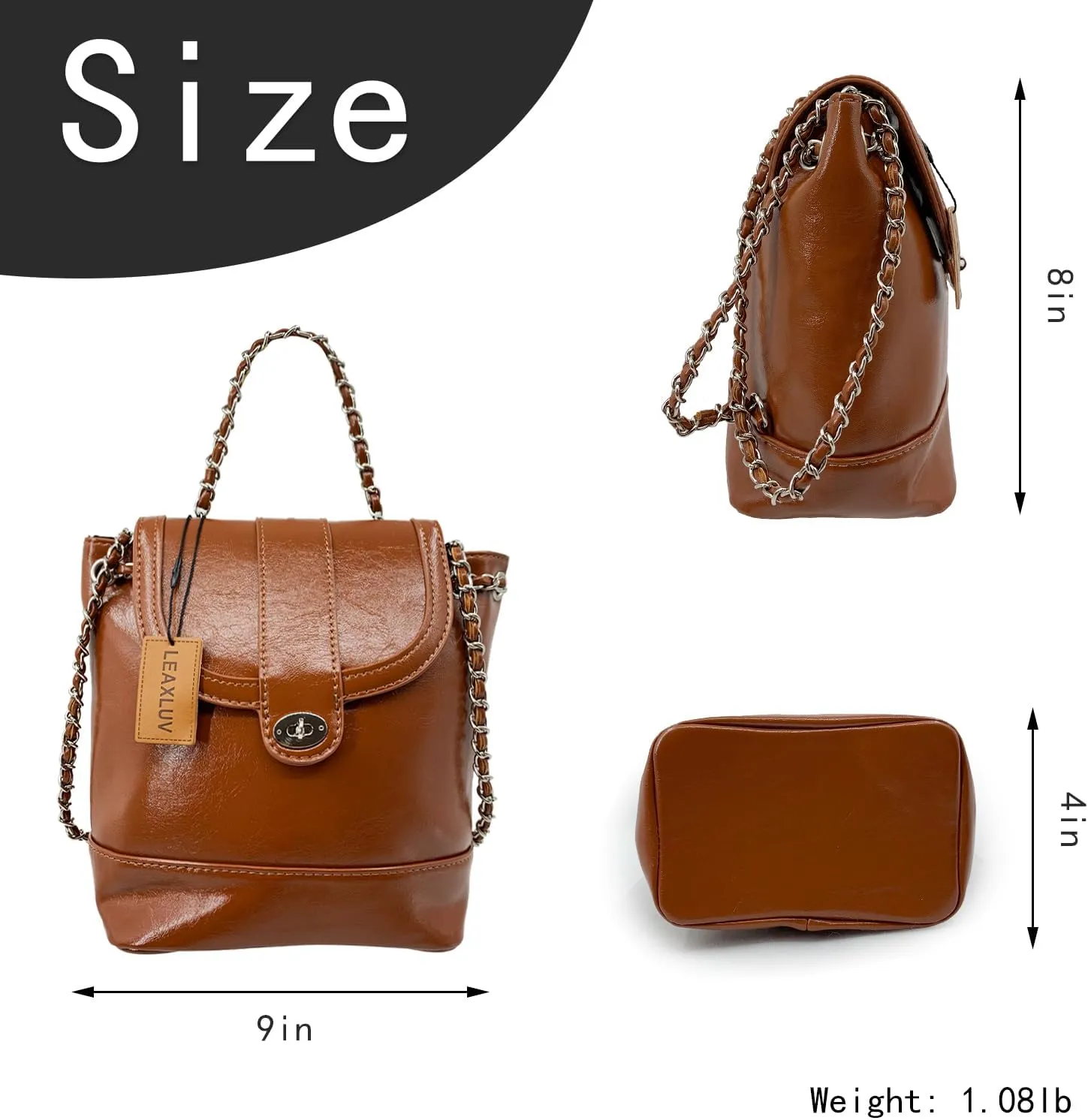 Mini Backpack Handbag for Women, Fashionable Vegan Leather Shoulder Bag with Metallic Chain Strap Drawstring