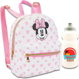 Minnie Mouse Mini Backpack for Girls - 10 Faux Leather Minnie Mouse Backpack with Front Pocket Plus Bottle | Minnie Mouse Backpack Bundle