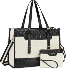 MOSISO Laptop Bag for Women,15-15.6 inch Canvas Laptop Tote Bag,16 inch Large Capacity Rhombus Quilted Work Briefcase with Clutch Purse,Casual Handbag for Business Office Travel,Beige