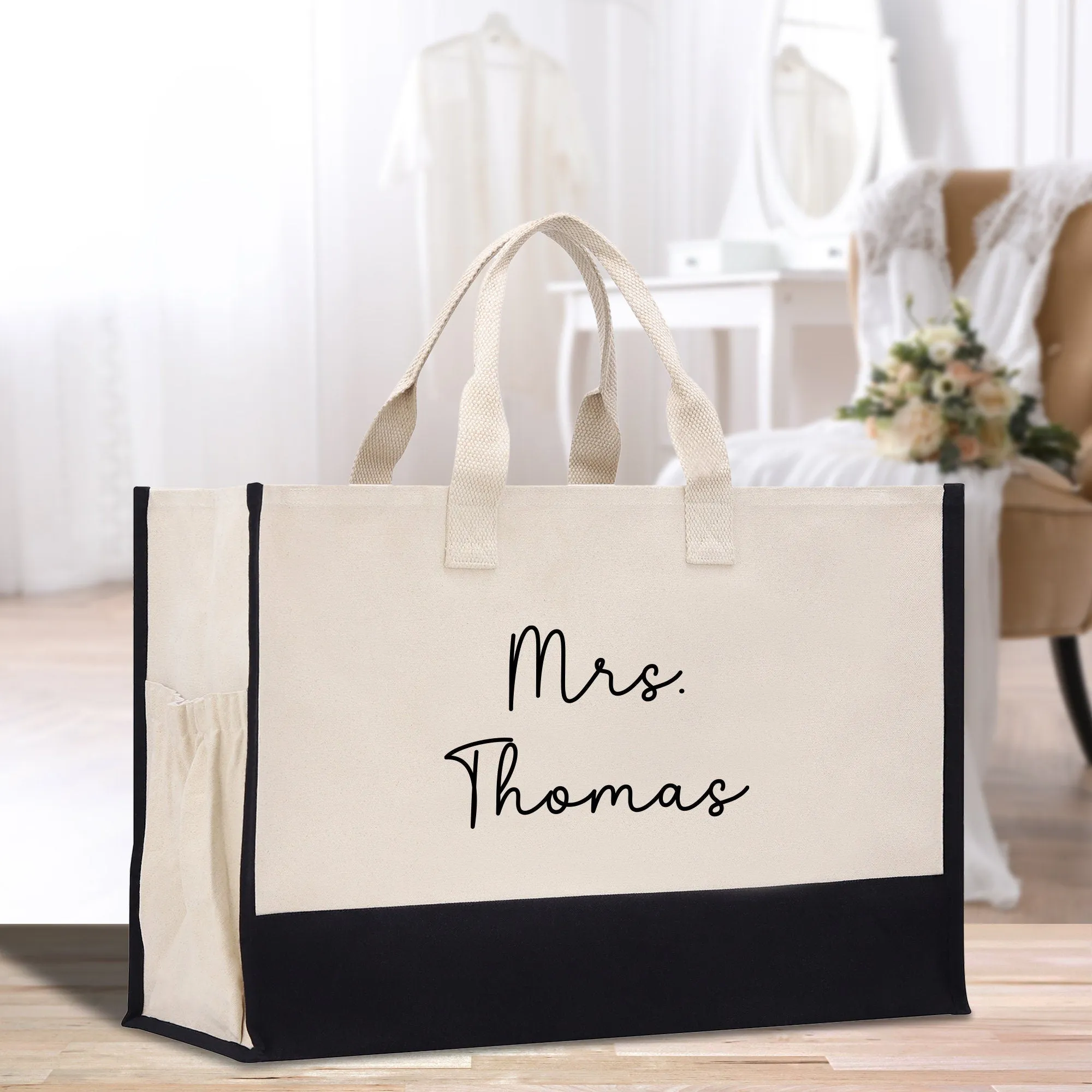 Mrs. Last Name XL Tote Bag Personalized Wedding Tote Bridal Shower Gift Honeymoon Gift Custom Wedding Gift Bridesmaid Gift (WTB1006)