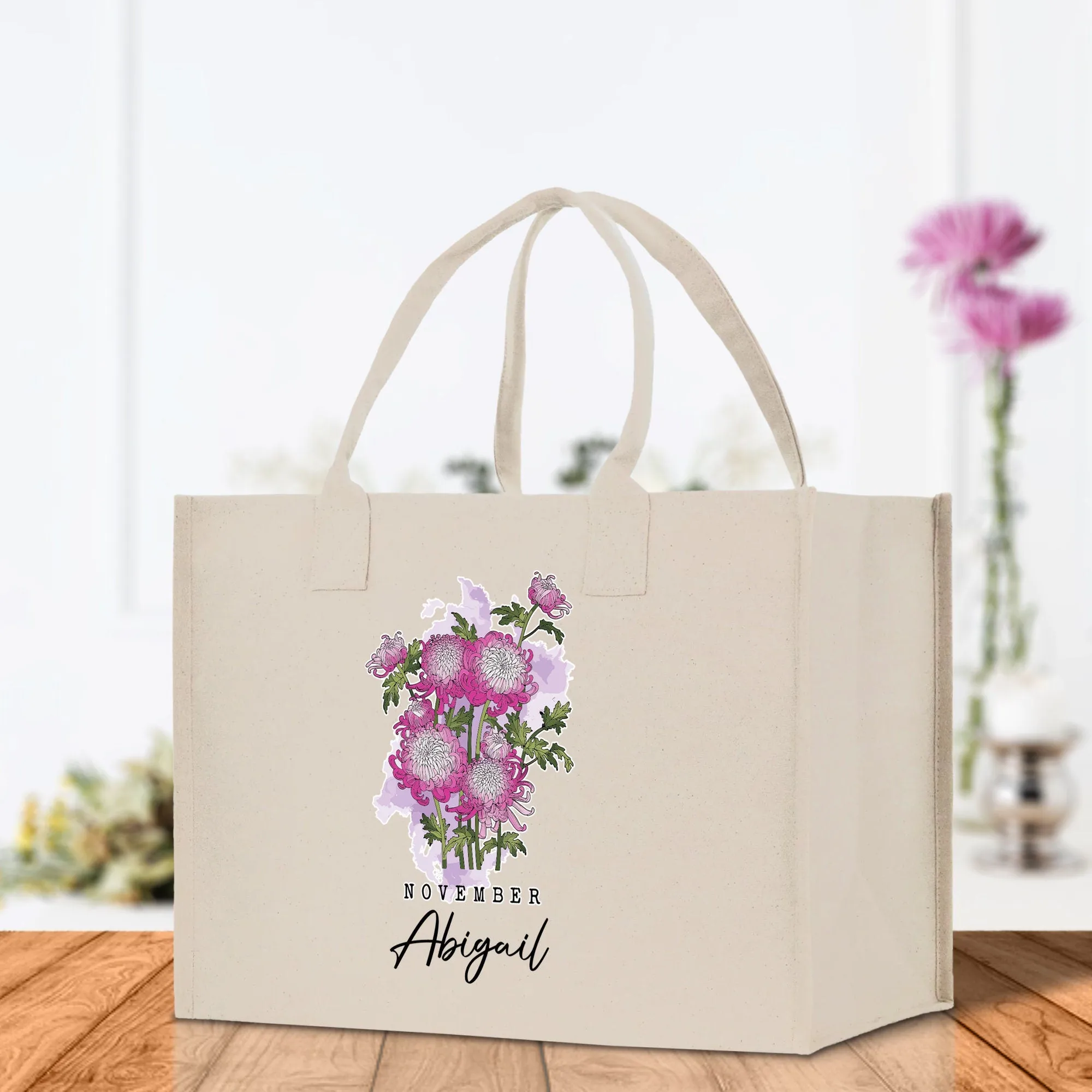 November Birth Month Flower Personalized Name Cotton Canvas Tote Bag Custom Flower Birthday Gift Bag Wedding Gift for Her Bridal Bridesmaid