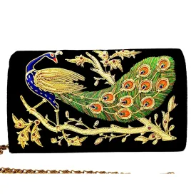 Peacock Embroidered Evening Clutch Bag, Long Tail