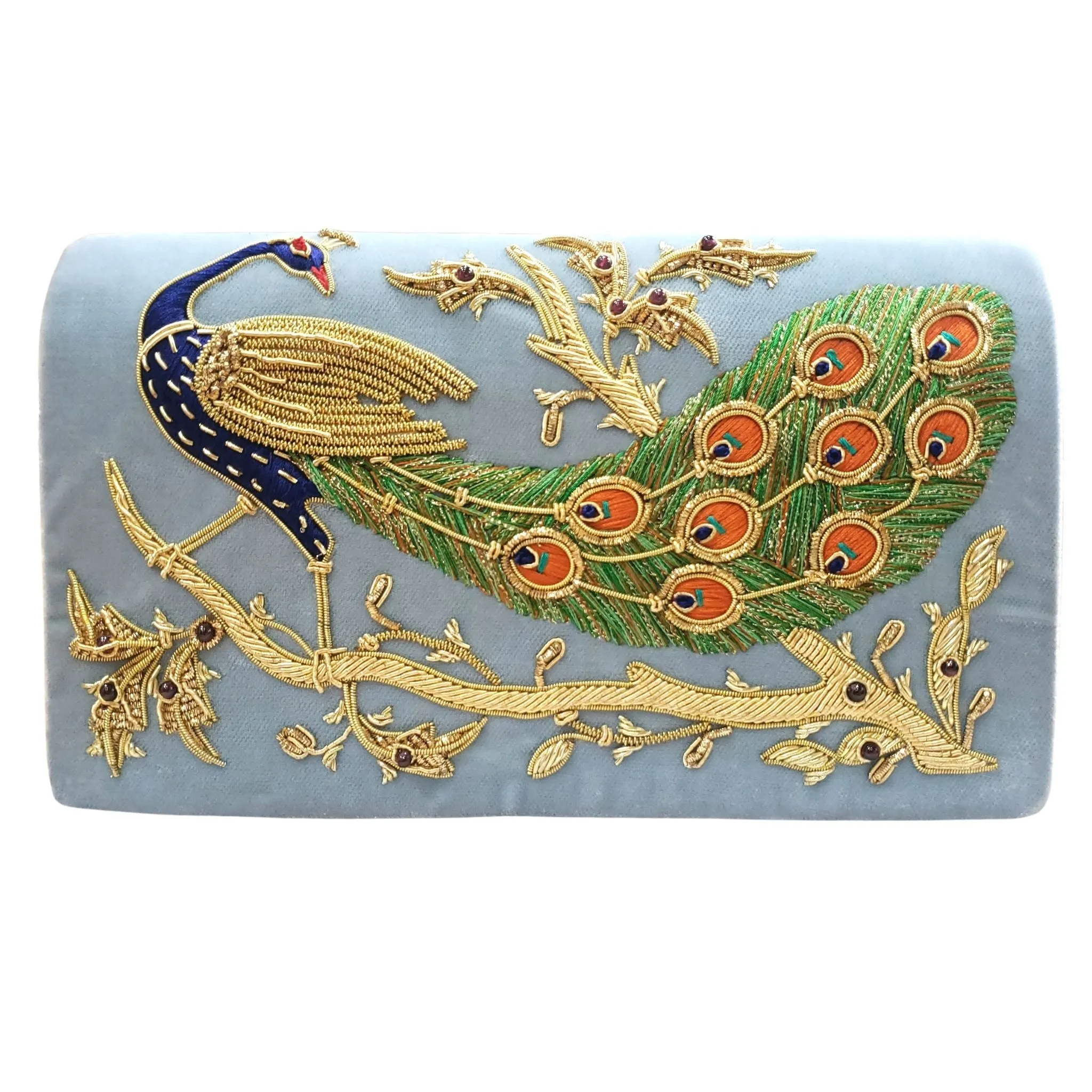 Peacock Embroidered Evening Clutch Bag, Long Tail