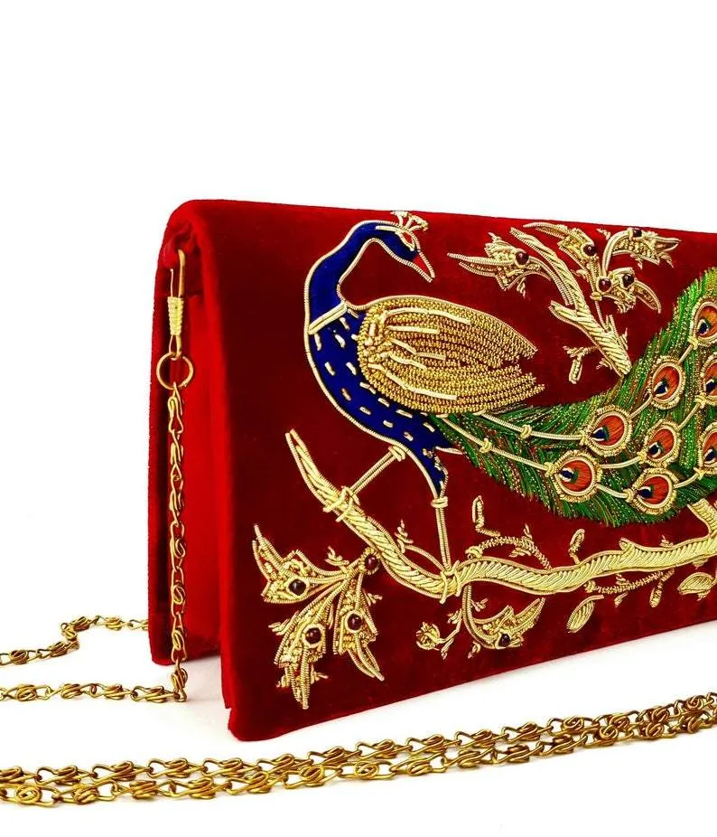 Peacock Embroidered Evening Clutch Bag, Long Tail
