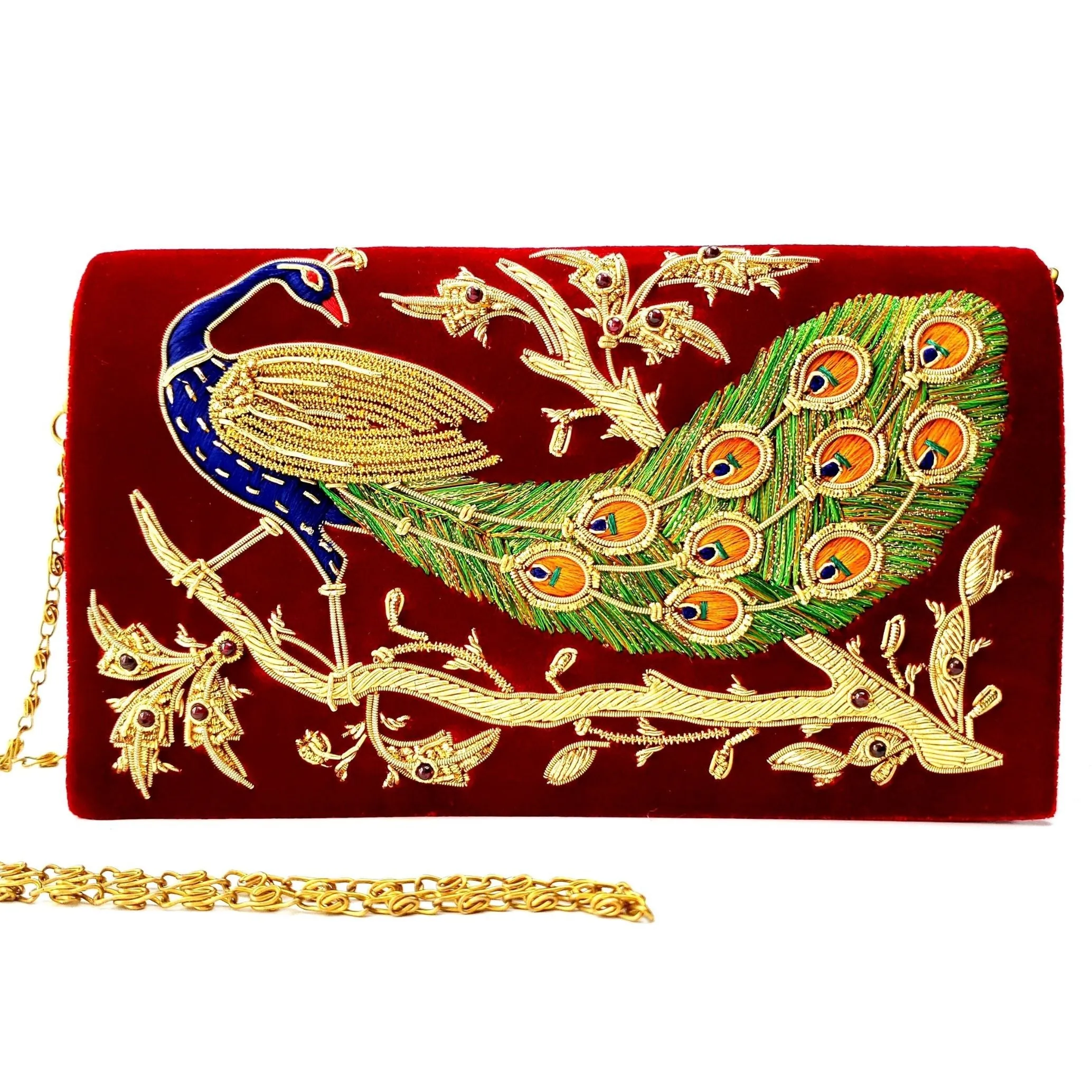 Peacock Embroidered Evening Clutch Bag, Long Tail
