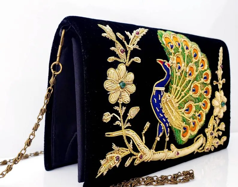 Peacock Embroidered Velvet Clutch Bag, Side View