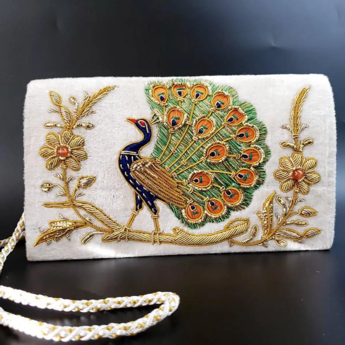 Peacock Embroidered Velvet Clutch Bag, Side View
