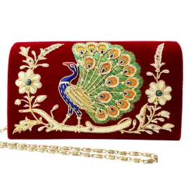 Peacock Embroidered Velvet Clutch Bag, Side View