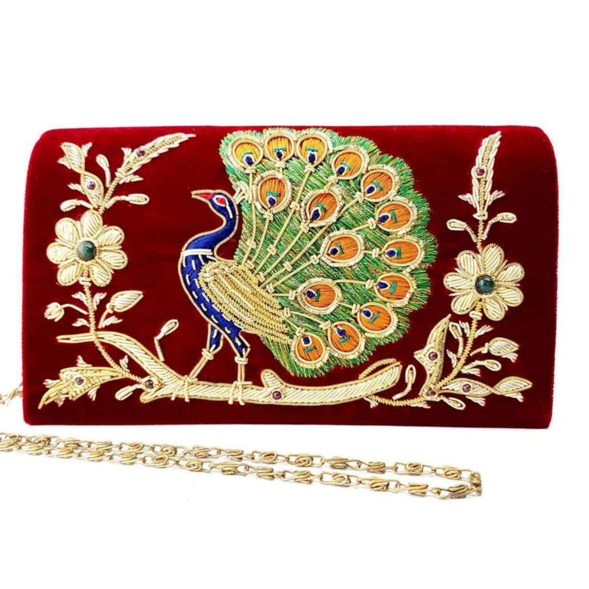 Peacock Embroidered Velvet Clutch Bag, Side View