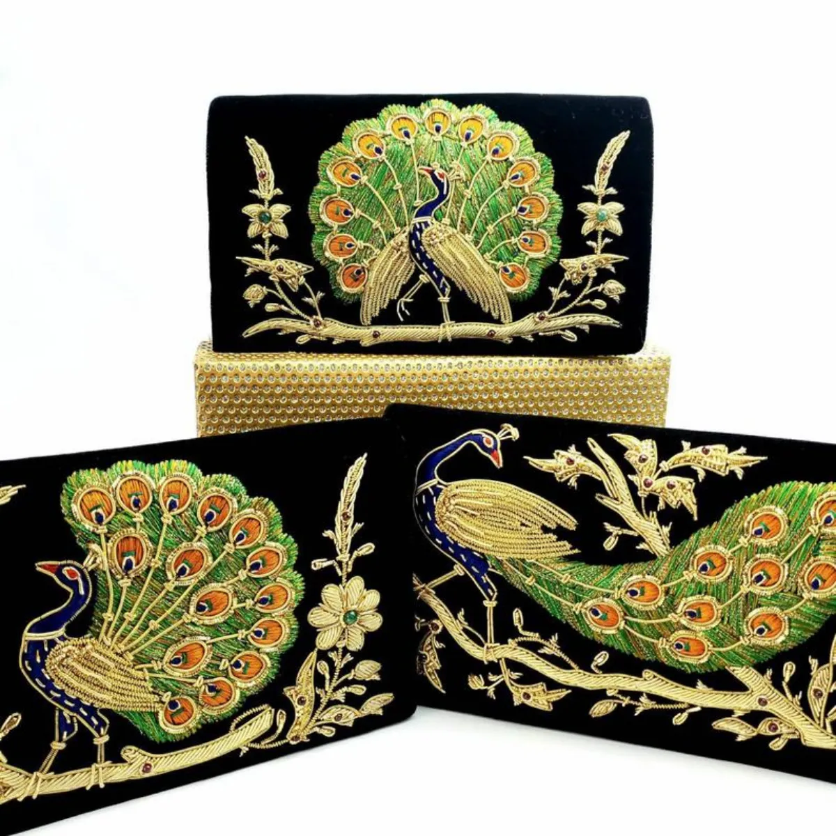 Peacock Embroidered Velvet Clutch Bag, Side View