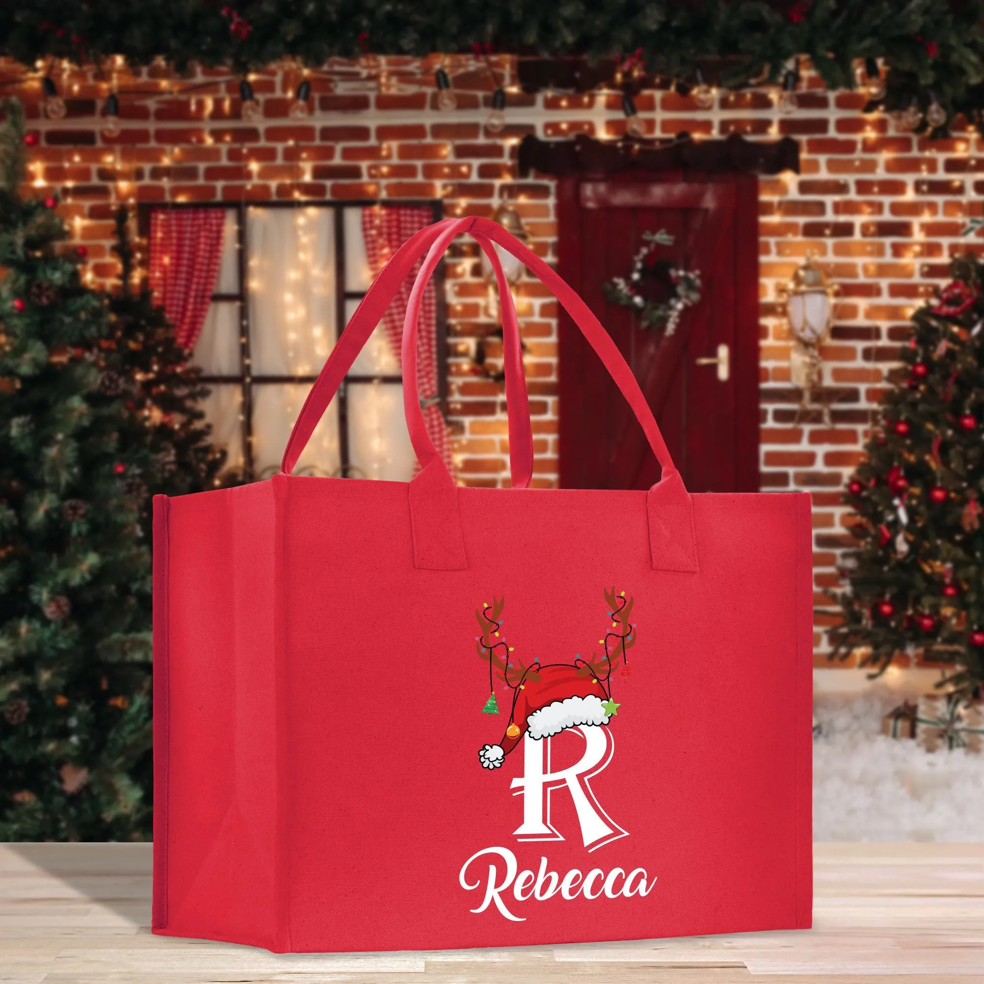 Personalized Christmas Initial and Name Cotton Canvas Tote Bag Custom Xmas Initial Holiday Gift Bag Custom Christmas Alphabet Tote (CI1028)