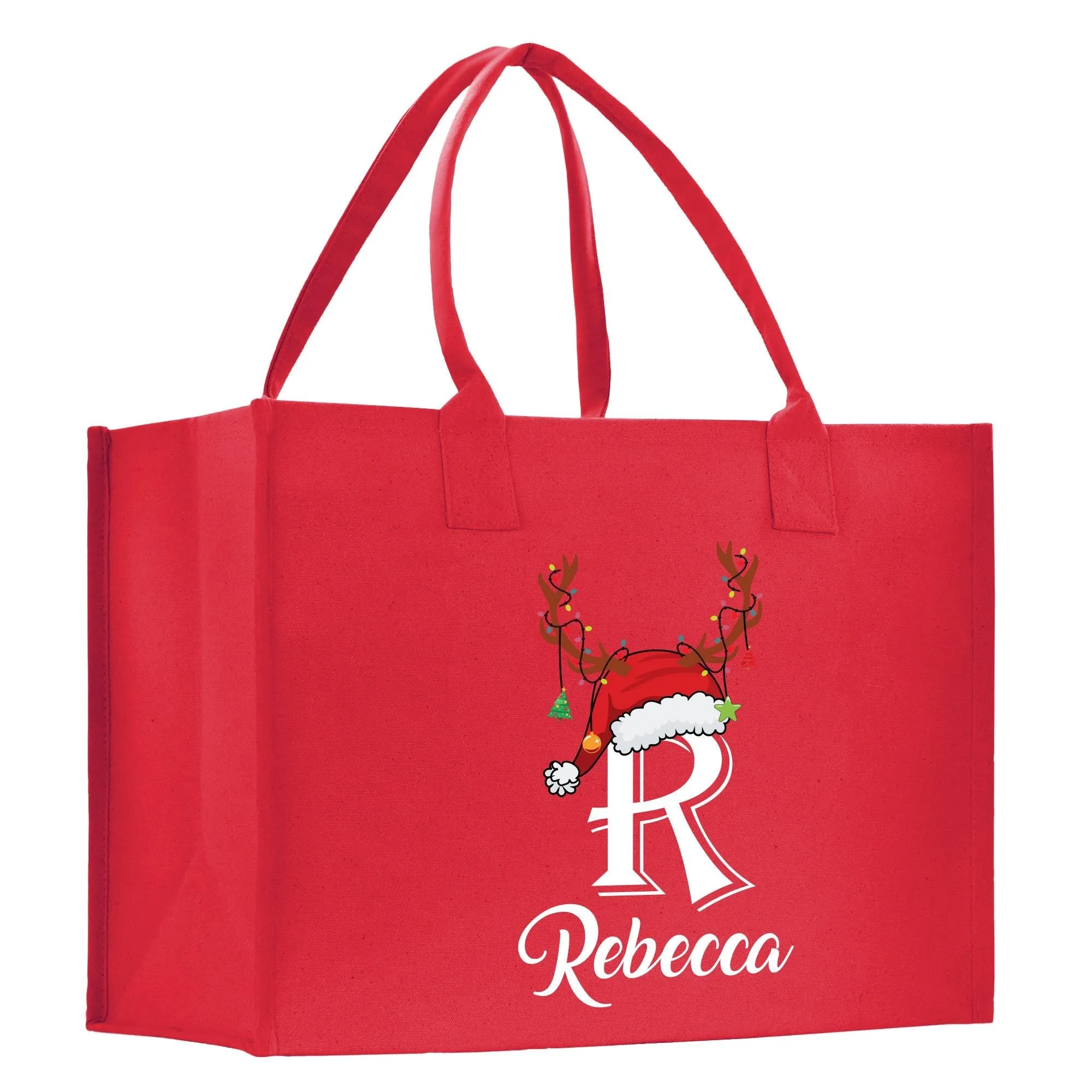 Personalized Christmas Initial and Name Cotton Canvas Tote Bag Custom Xmas Initial Holiday Gift Bag Custom Christmas Alphabet Tote (CI1028)