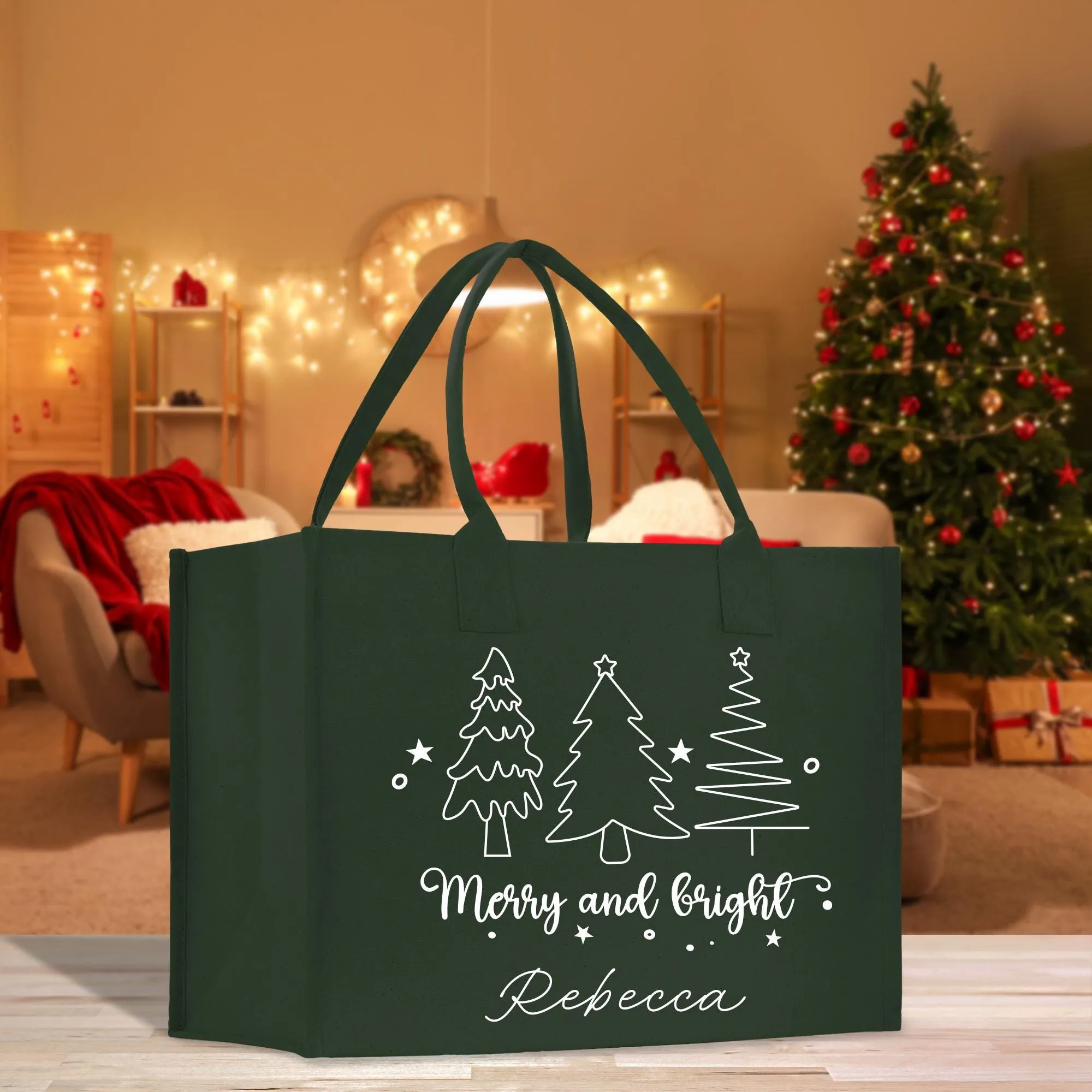 Personalized Name Christmas Cotton Canvas Large Tote Bag Custom Merry Christmas Gift Bag Xmas Party Bag Xmas Eve Gift Holiday Gift (CT1018)
