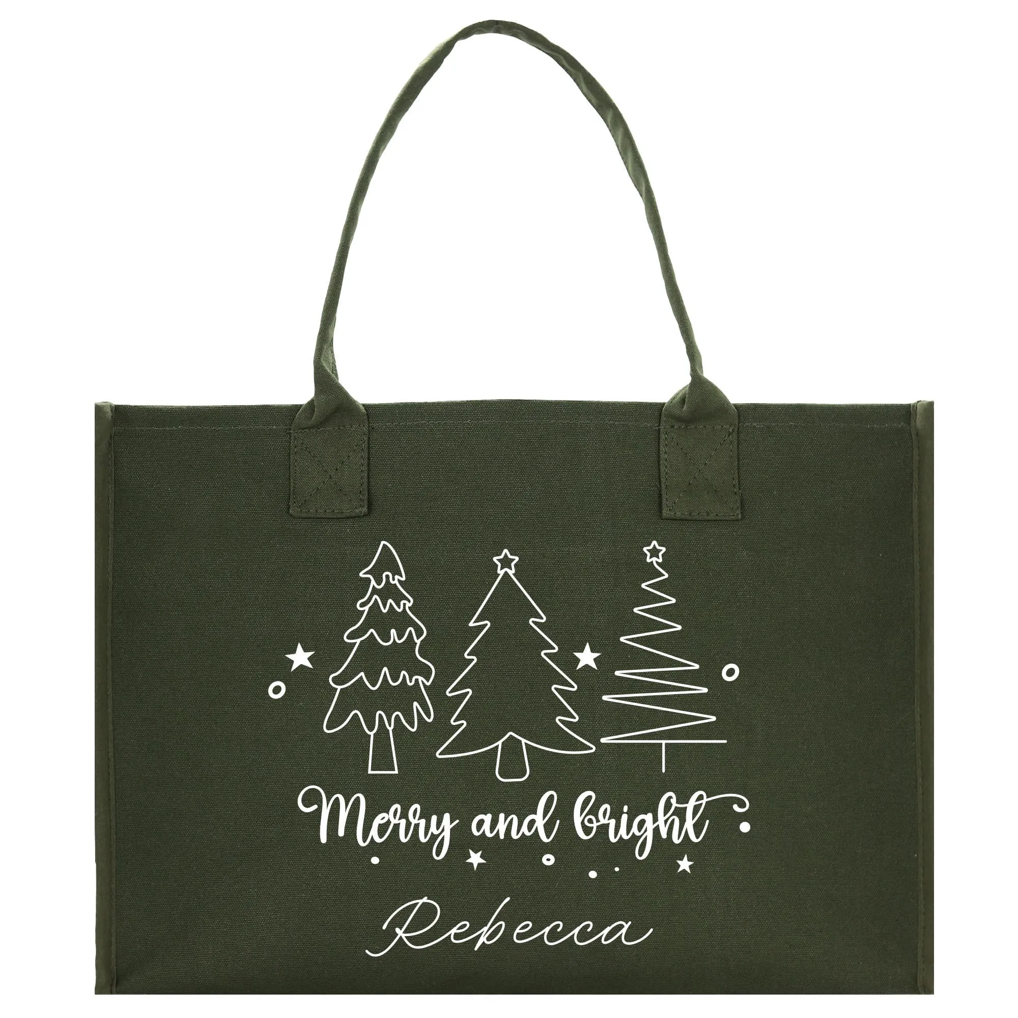 Personalized Name Christmas Cotton Canvas Large Tote Bag Custom Merry Christmas Gift Bag Xmas Party Bag Xmas Eve Gift Holiday Gift (CT1018)