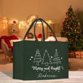 Personalized Name Christmas Cotton Canvas Large Tote Bag Custom Merry Christmas Gift Bag Xmas Party Bag Xmas Eve Gift Holiday Gift (CT1018)