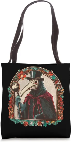Plague Doctor Portrait in Floral Frame Cool Retro Medieval Tote Bag