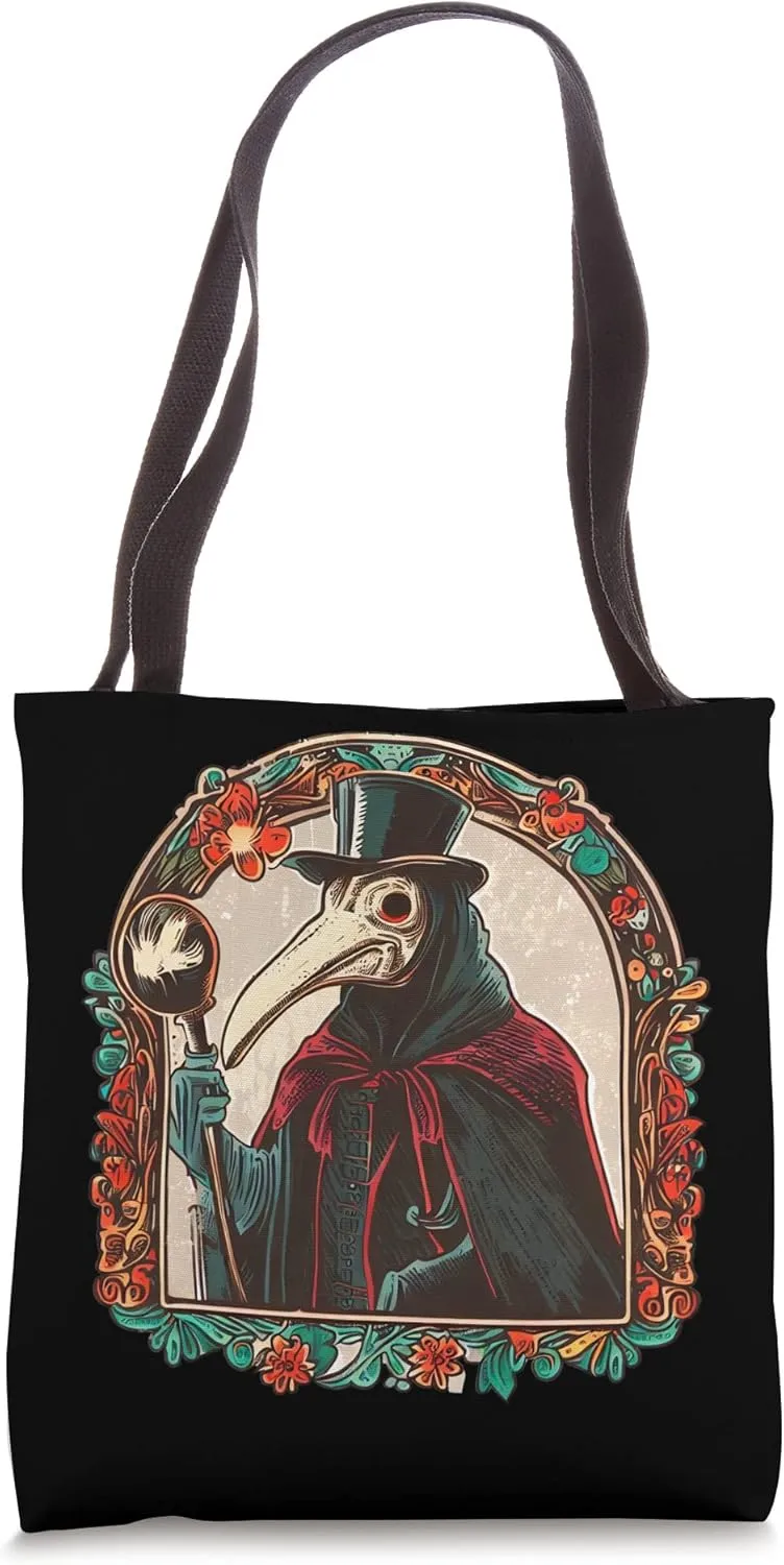 Plague Doctor Portrait in Floral Frame Cool Retro Medieval Tote Bag