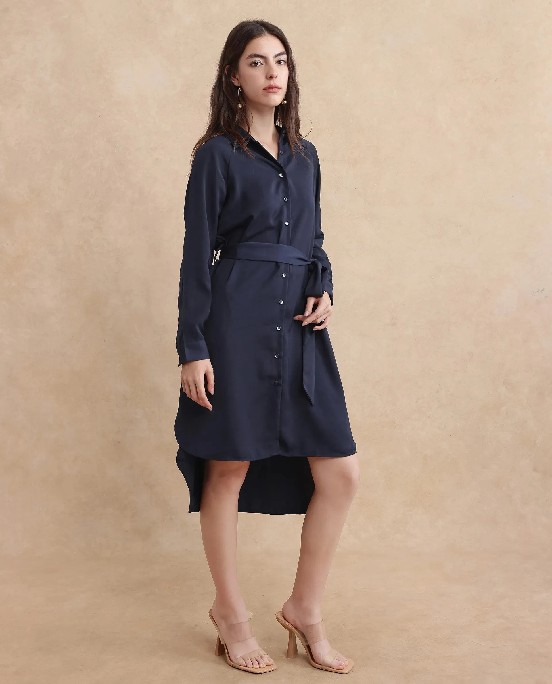 Rareism Women Yulu Navy Satin Cuffed Sleeves Collared Neck Button Closure Straight Fit Midi Plain Dress