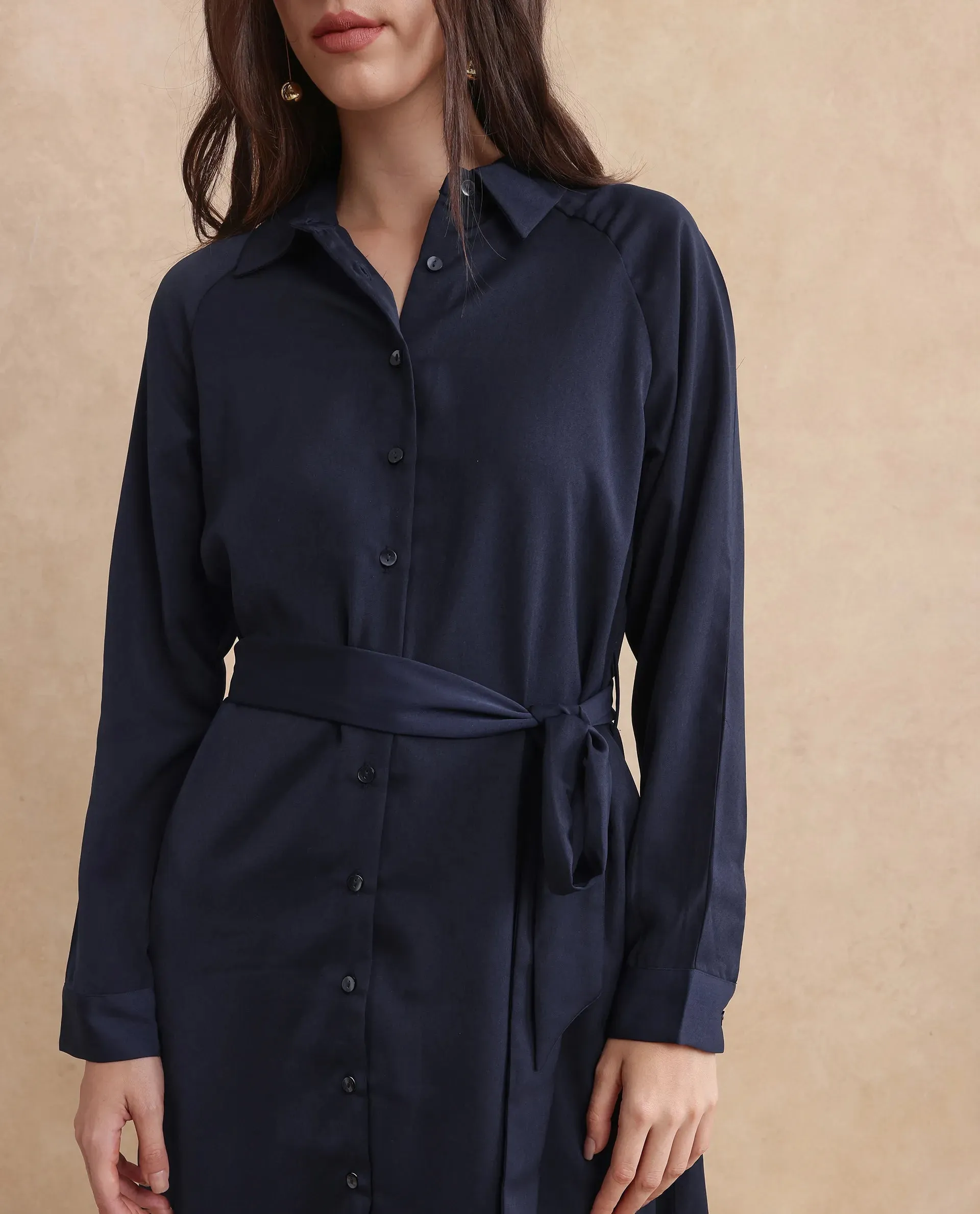 Rareism Women Yulu Navy Satin Cuffed Sleeves Collared Neck Button Closure Straight Fit Midi Plain Dress