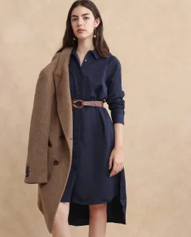 Rareism Women Yulu Navy Satin Cuffed Sleeves Collared Neck Button Closure Straight Fit Midi Plain Dress