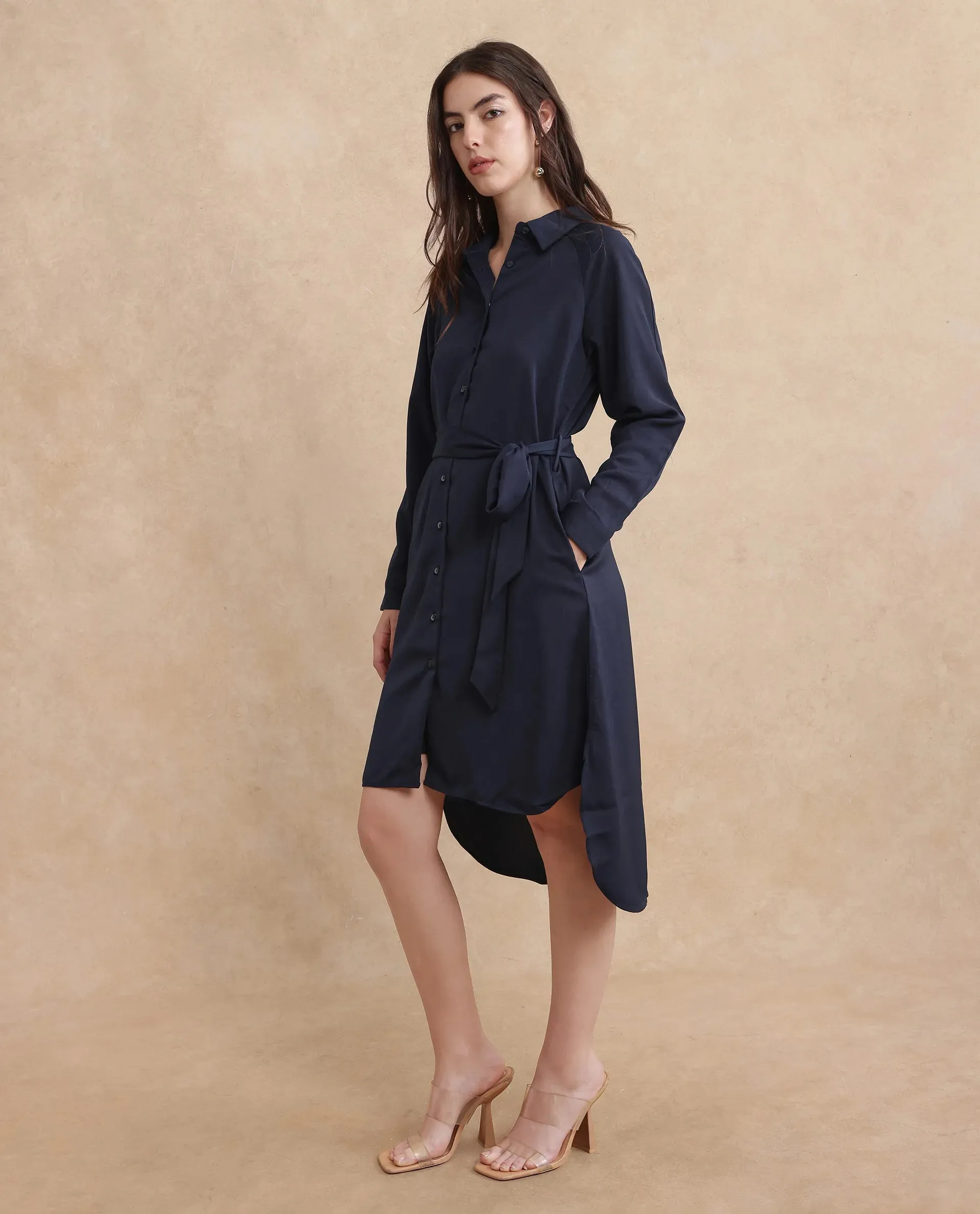 Rareism Women Yulu Navy Satin Cuffed Sleeves Collared Neck Button Closure Straight Fit Midi Plain Dress
