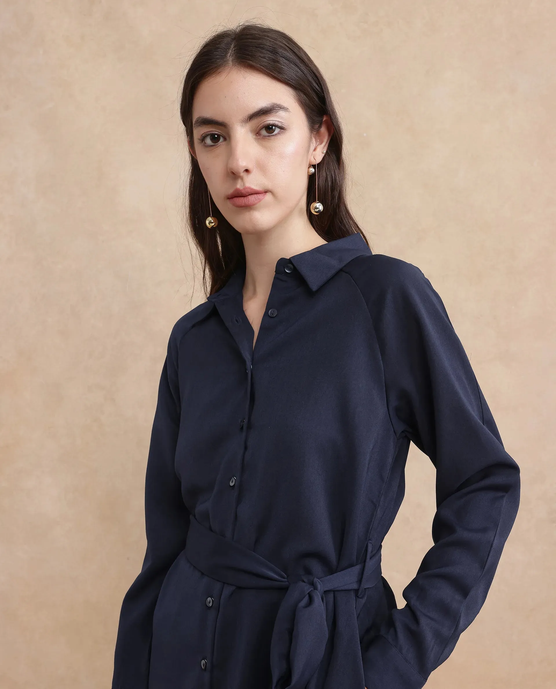 Rareism Women Yulu Navy Satin Cuffed Sleeves Collared Neck Button Closure Straight Fit Midi Plain Dress