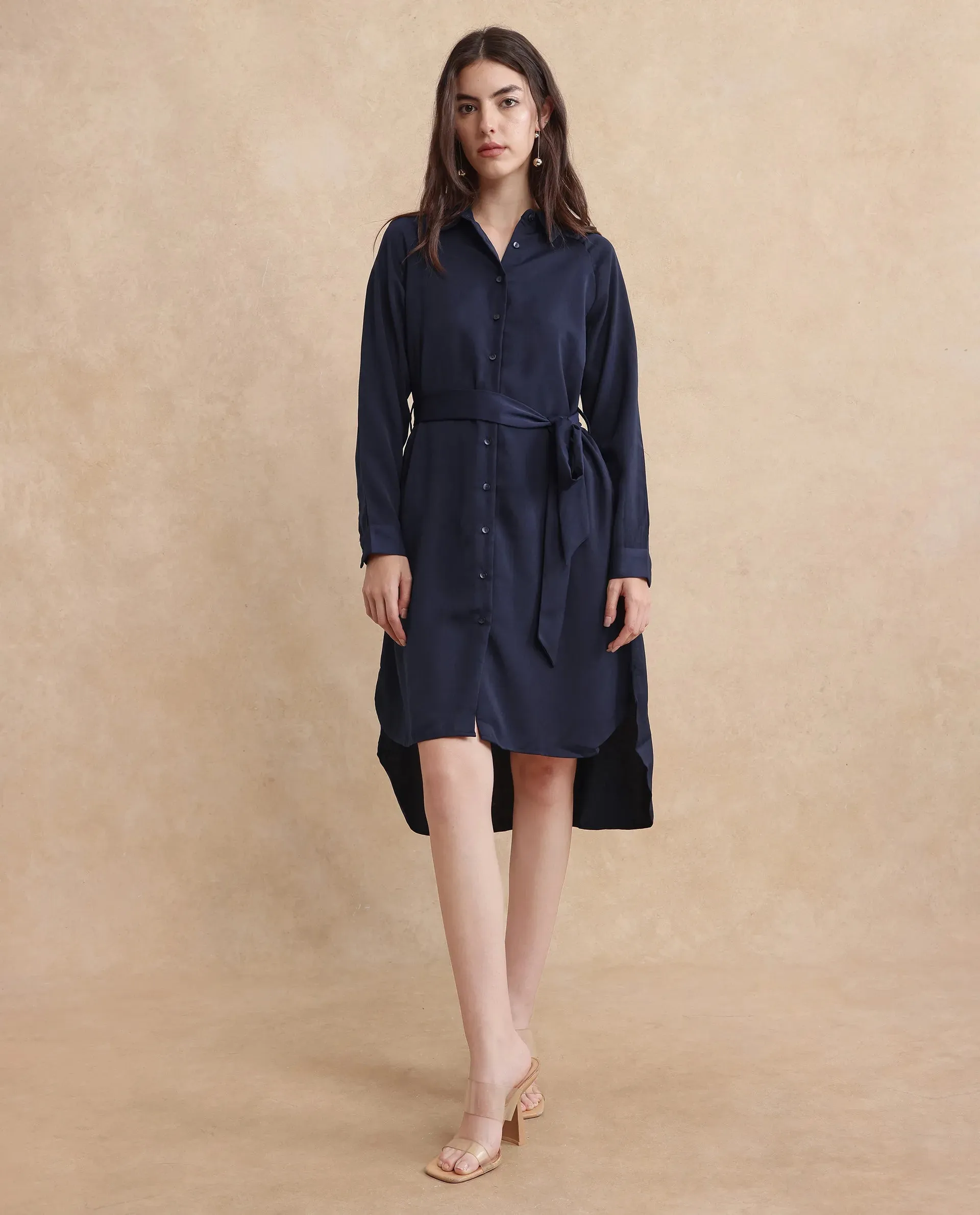 Rareism Women Yulu Navy Satin Cuffed Sleeves Collared Neck Button Closure Straight Fit Midi Plain Dress