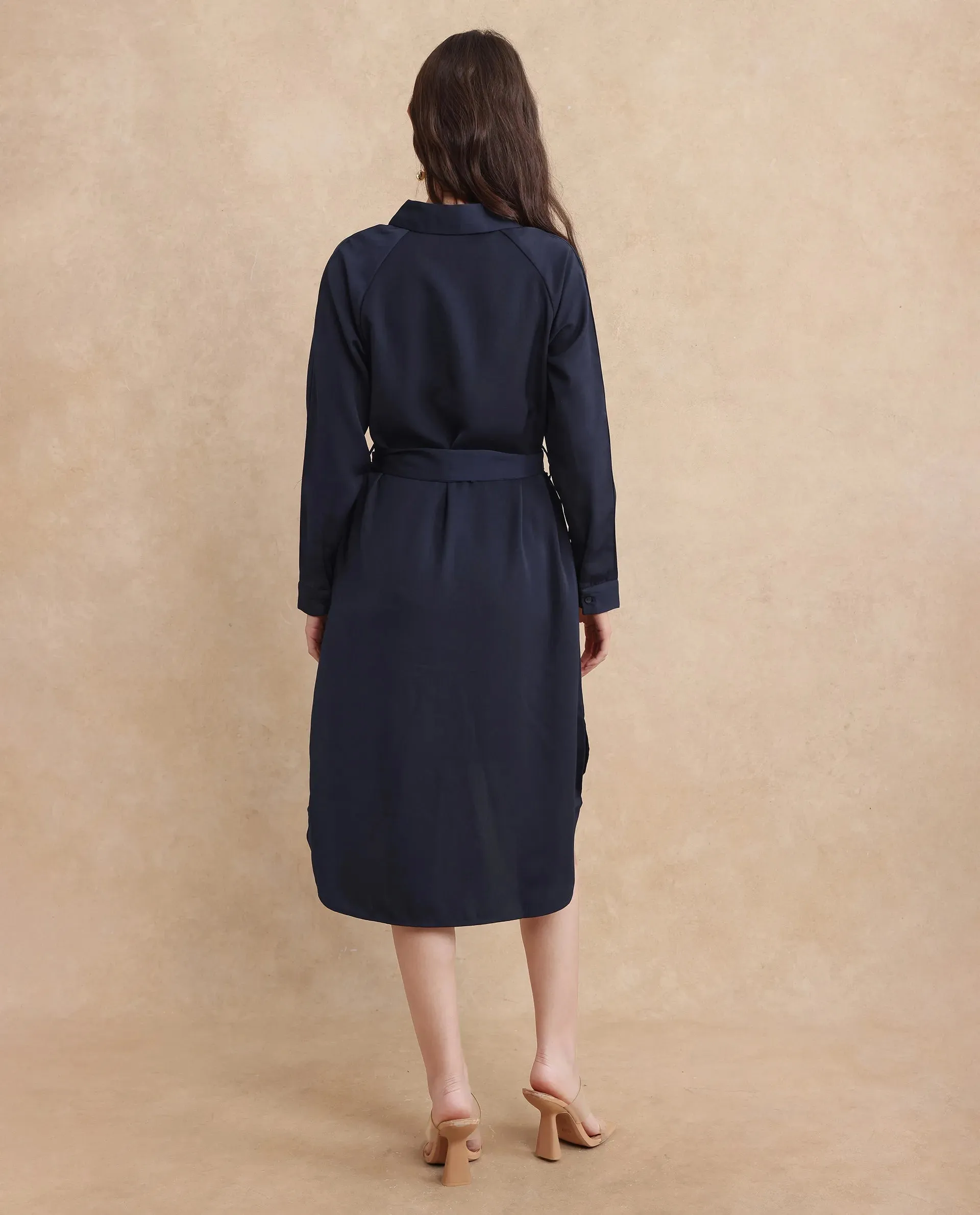 Rareism Women Yulu Navy Satin Cuffed Sleeves Collared Neck Button Closure Straight Fit Midi Plain Dress