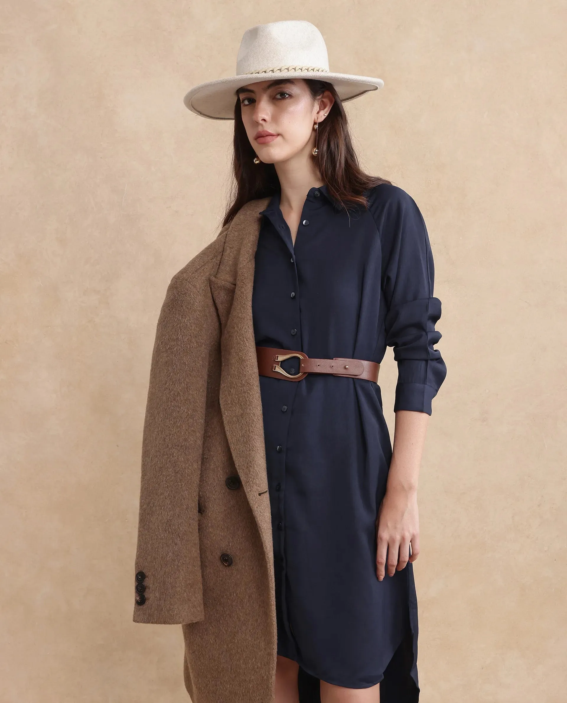 Rareism Women Yulu Navy Satin Cuffed Sleeves Collared Neck Button Closure Straight Fit Midi Plain Dress