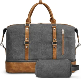 S-ZONE Weekender Bag for Men Canvas Duffle Large Weekend Overnight Travel Carry On Tote Bag with Shoe Compartment (Grey)