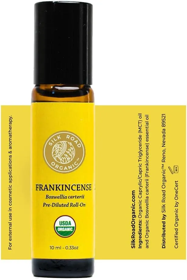 Silk Road Organic Frankincense Carterii Essential Oil Roll On, 100% Pure USDA Certified Aromatherapy for Radiant Skin, Body Aches, Stress Relief, & Calm - 10 ml Roller