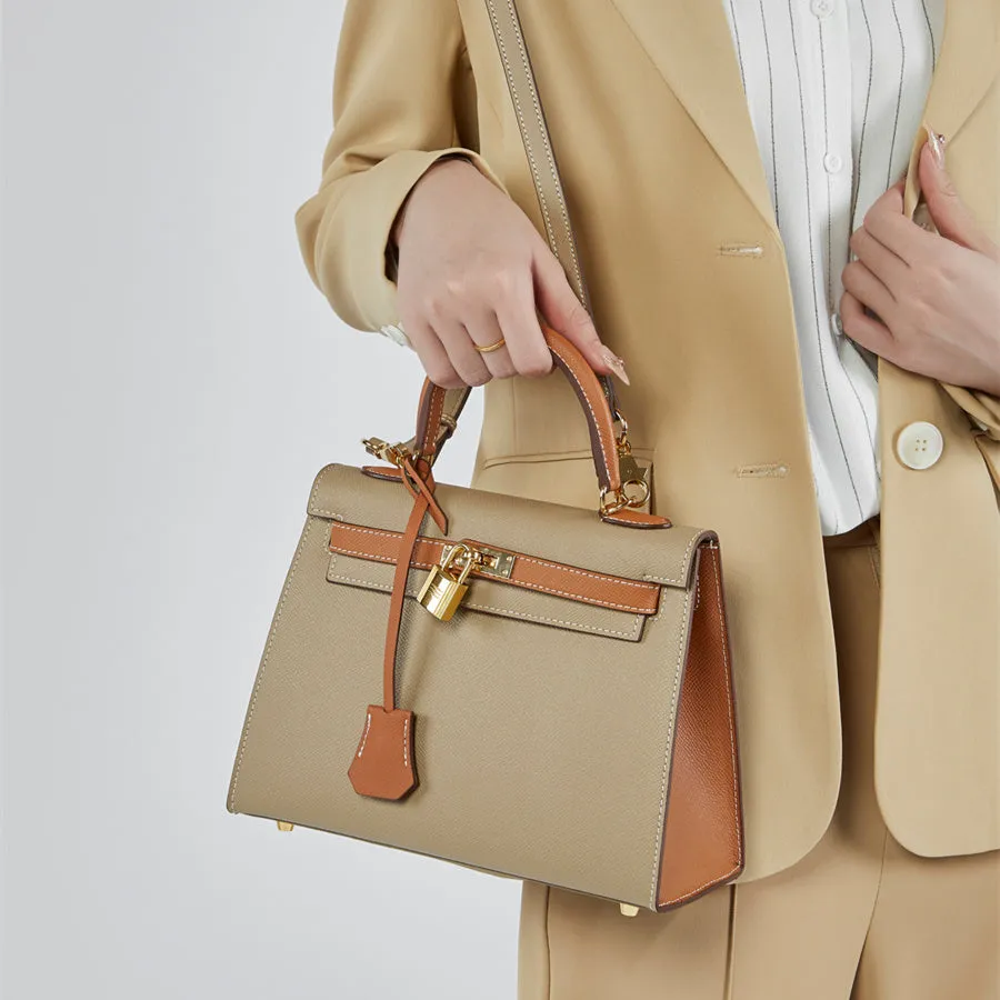 The Kelly | Luxury Grey & Brown Leather Handbag – Classic & Elegant
