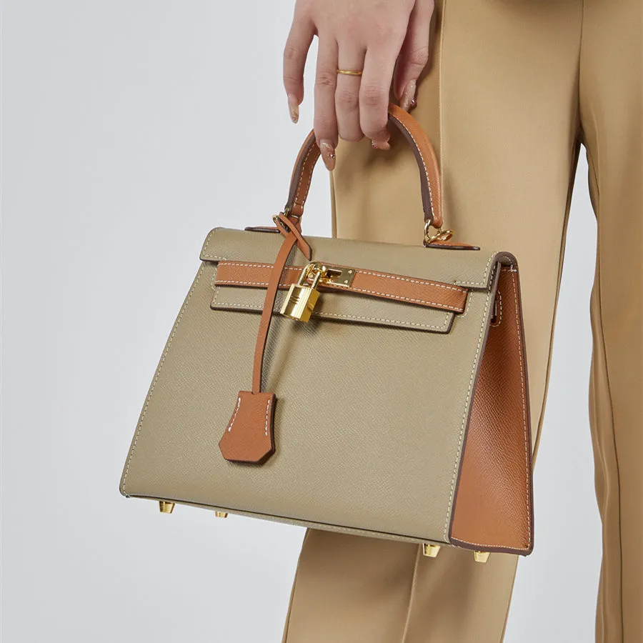 The Kelly | Luxury Grey & Brown Leather Handbag – Classic & Elegant