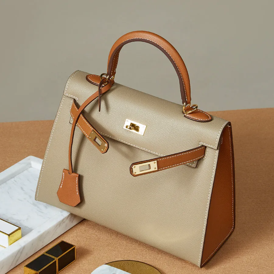 The Kelly | Luxury Grey & Brown Leather Handbag – Classic & Elegant