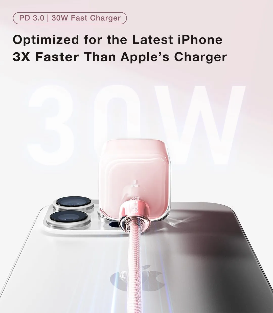 TORRAS Icenano 30W USB C Charger Block, Low Temp & Safe, PD 3.0 Unlocks Wireless 25W Fast Charging, Designed for Magsafe Charger/iPhone 16/15/, Crystal Pink(5.5ft USB-C Cable Included)