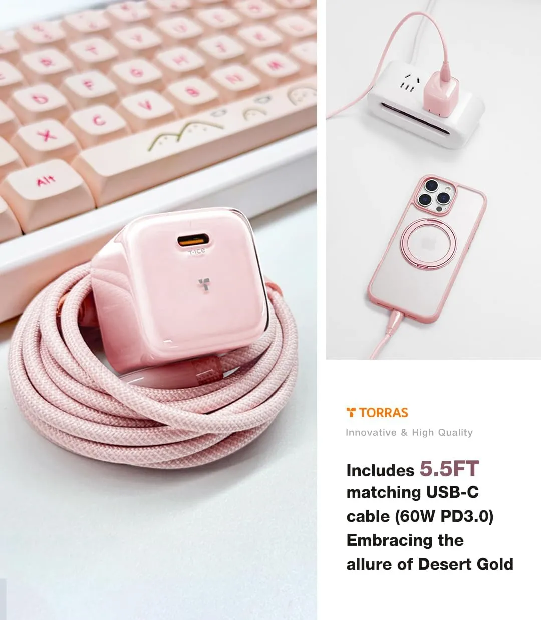 TORRAS Icenano 30W USB C Charger Block, Low Temp & Safe, PD 3.0 Unlocks Wireless 25W Fast Charging, Designed for Magsafe Charger/iPhone 16/15/, Crystal Pink(5.5ft USB-C Cable Included)