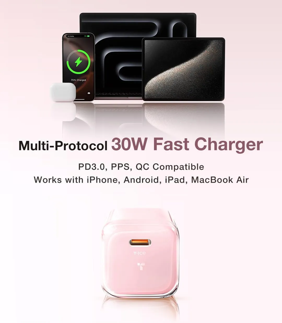 TORRAS Icenano 30W USB C Charger Block, Low Temp & Safe, PD 3.0 Unlocks Wireless 25W Fast Charging, Designed for Magsafe Charger/iPhone 16/15/, Crystal Pink(5.5ft USB-C Cable Included)