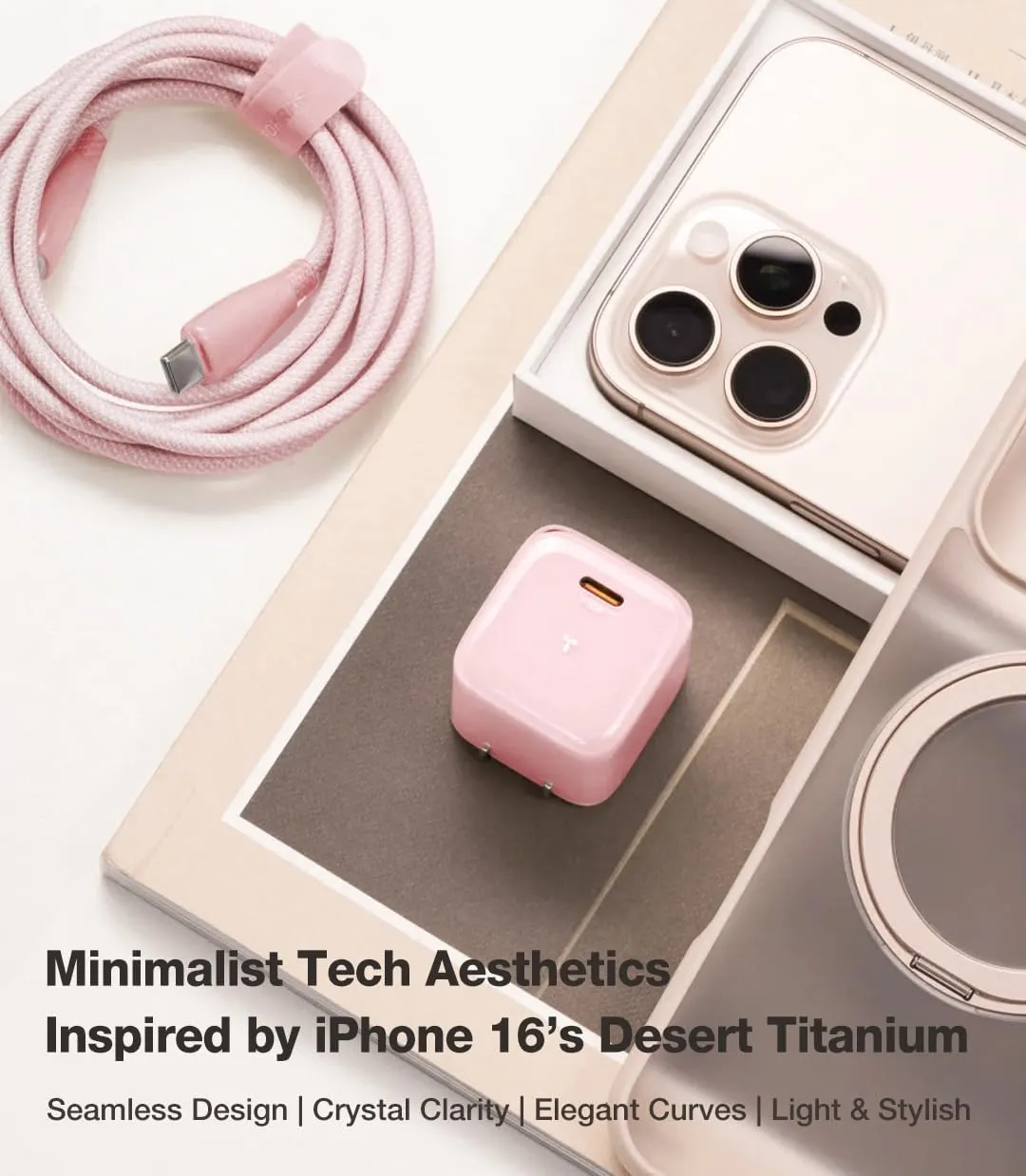 TORRAS Icenano 30W USB C Charger Block, Low Temp & Safe, PD 3.0 Unlocks Wireless 25W Fast Charging, Designed for Magsafe Charger/iPhone 16/15/, Crystal Pink(5.5ft USB-C Cable Included)