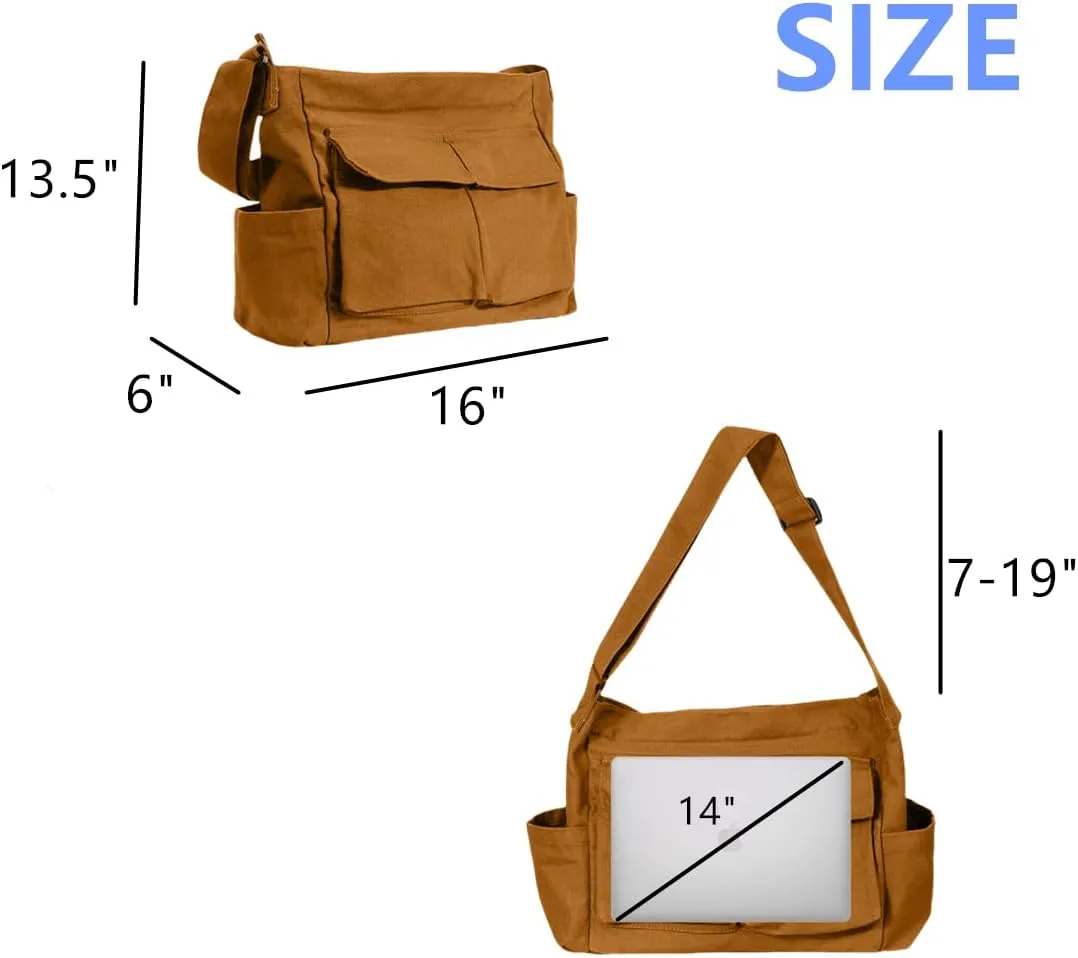Vintage Canvas Crossbody Messenger Bag with Multiple Pockets and Hook-and-loop Closure, Ideal for School