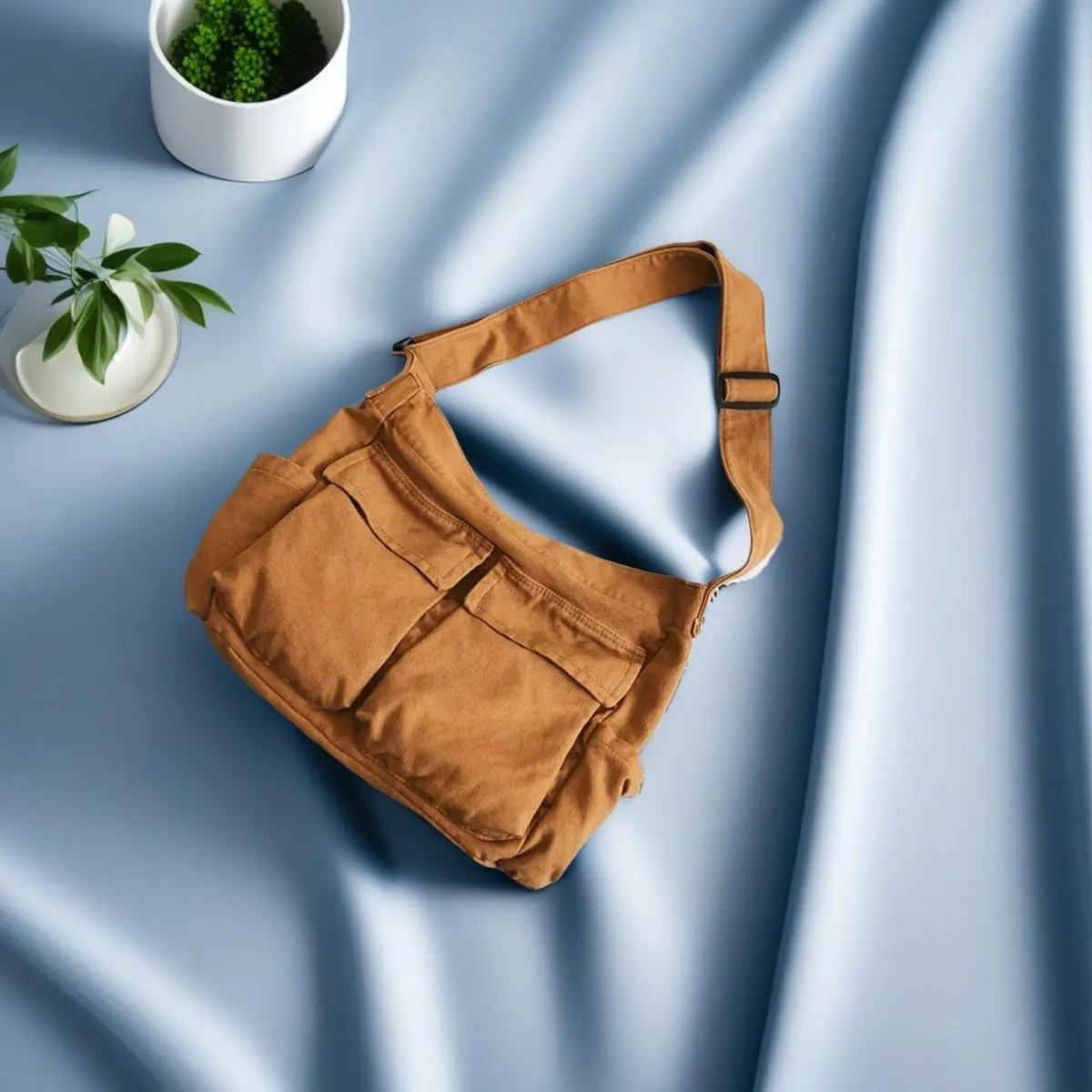 Vintage Canvas Crossbody Messenger Bag with Multiple Pockets and Hook-and-loop Closure, Ideal for School